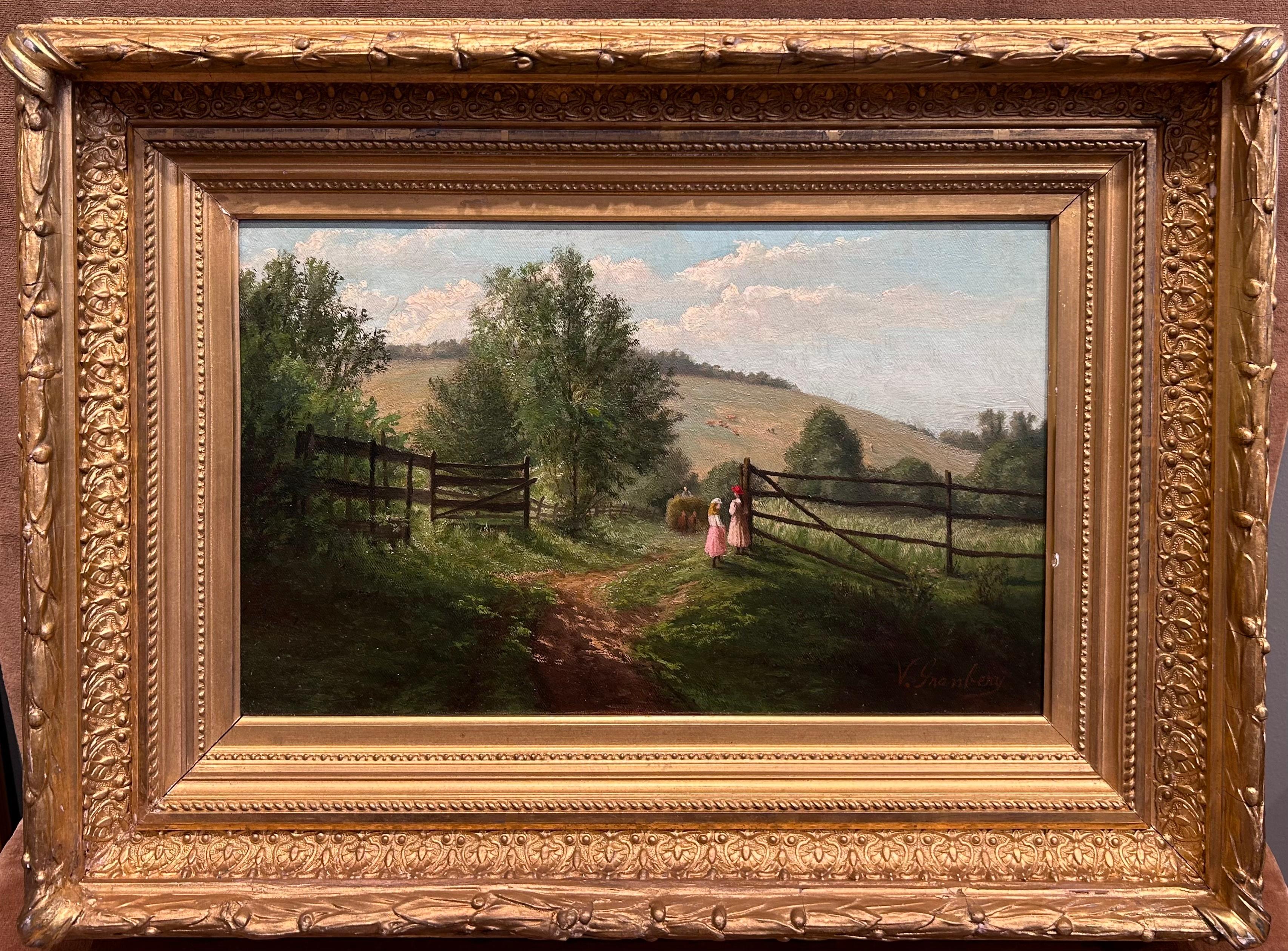 Oil Landscape with Two Girls titled "Girls Waiting for Father"