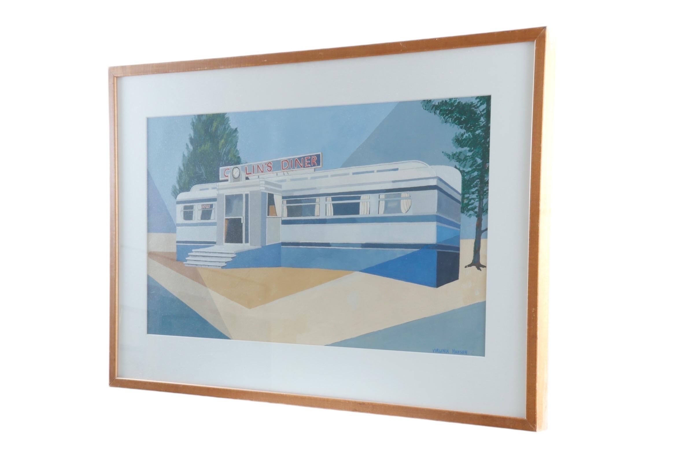 Un dipinto a guazzo su cartoncino della metà del secolo scorso dell'artista Virginia Hanson (1935 - 2011), di Sarasota, Florida, ex Amenia Union, NY. Il dipinto celebra il Collin's Diner di Main Street, Canaan CT, firmato in basso a destra, con
