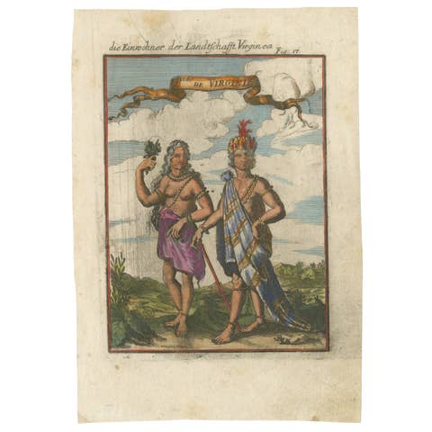 Virginia Indians, Man & Woman in Traditional Dress – Handcolored Engraving, 1683