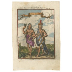 Indiani della Virginia, uomo e donna in abiti tradizionali - Incisione colorata a mano, 1683
