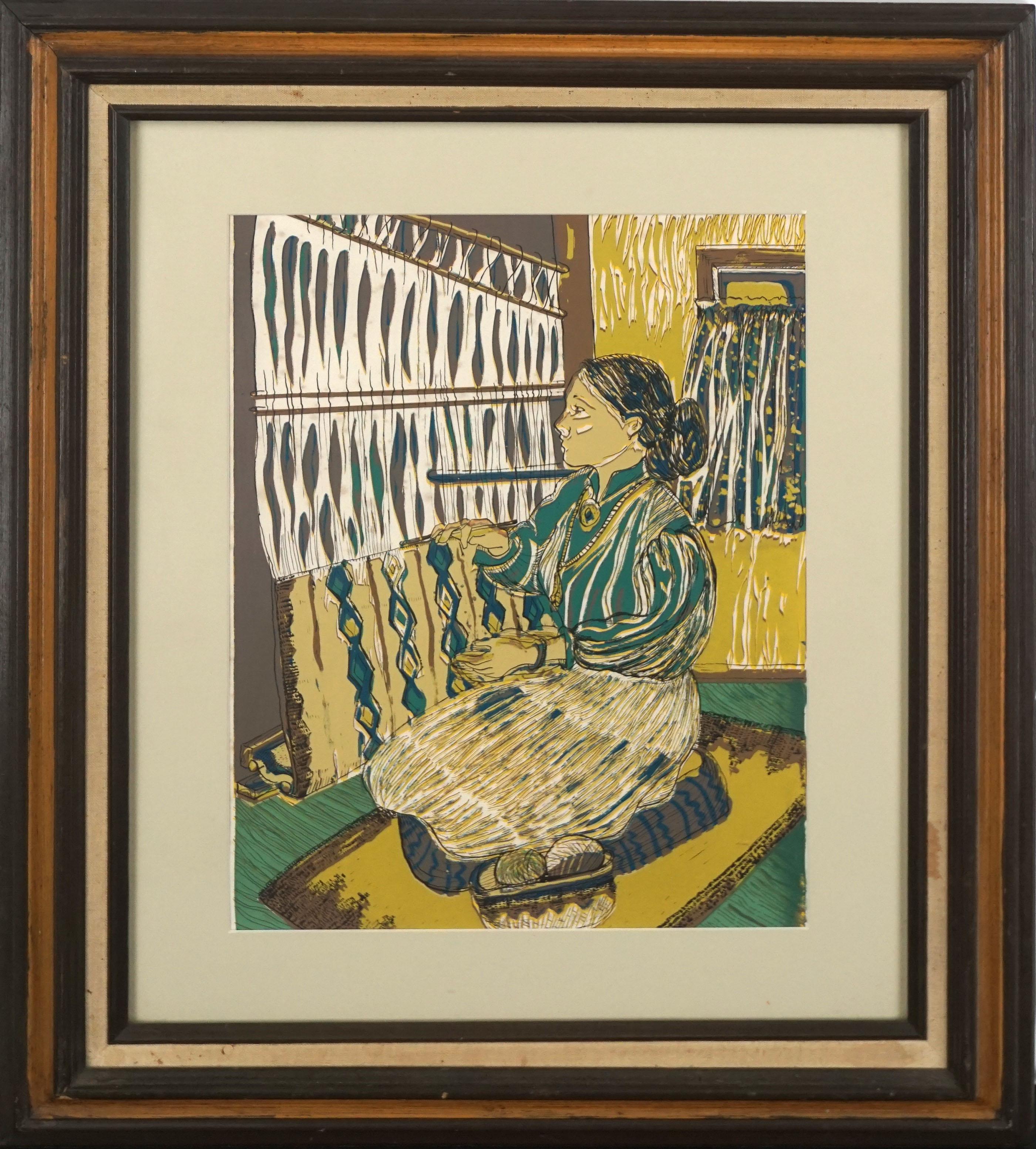 Virginia J. Hughins Figurative Print - Native American Figurative Woodblock -- The Weaver  #3/12