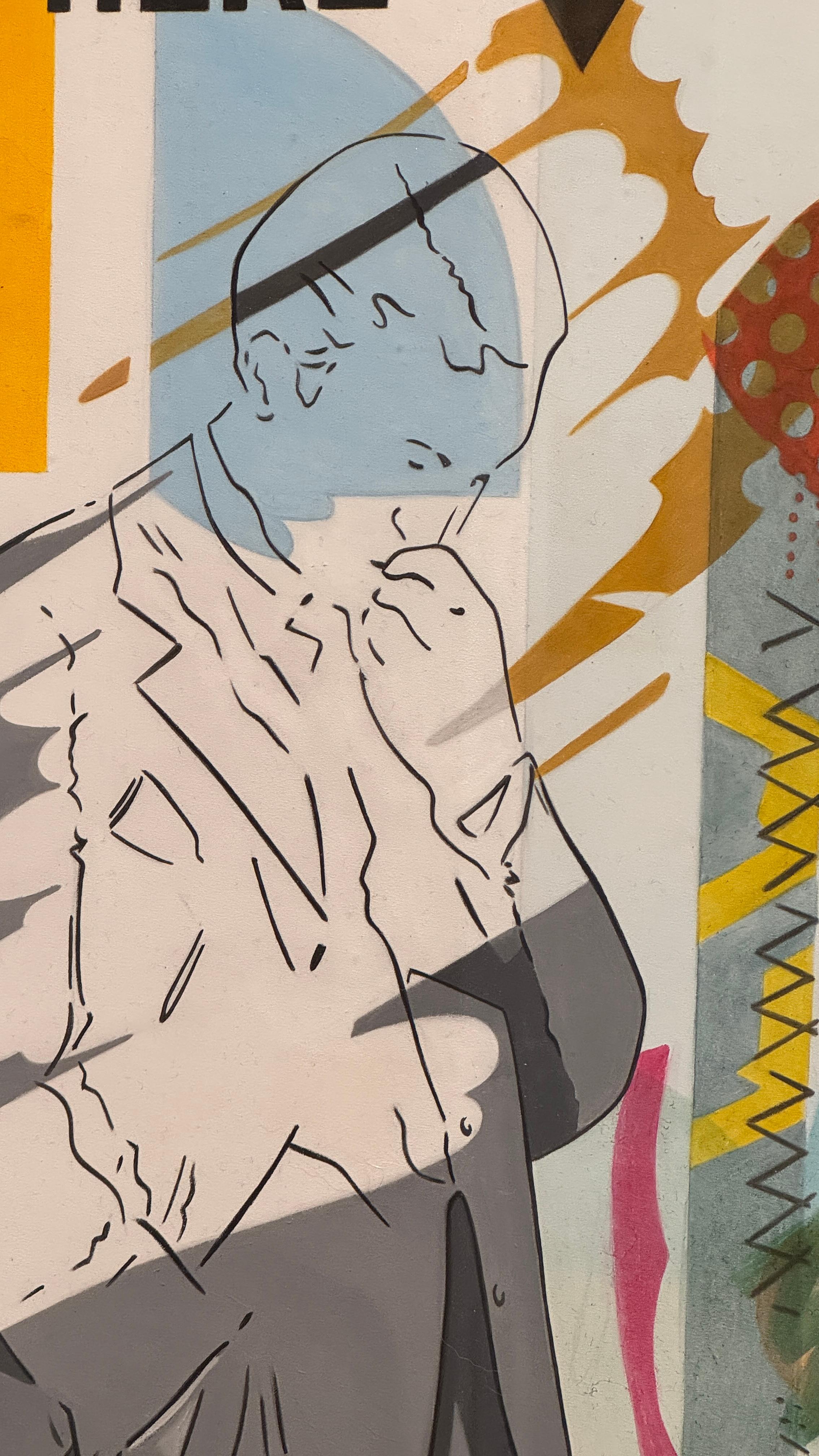 Si tratta di una rappresentazione visiva profonda che invita a riflettere sull'identità, l'autenticità e l'influenza della società sul nostro essere. L'opera d'arte è ricca di simbolismo.

La figura dell'uomo in abito grigio, incompleto nel colore