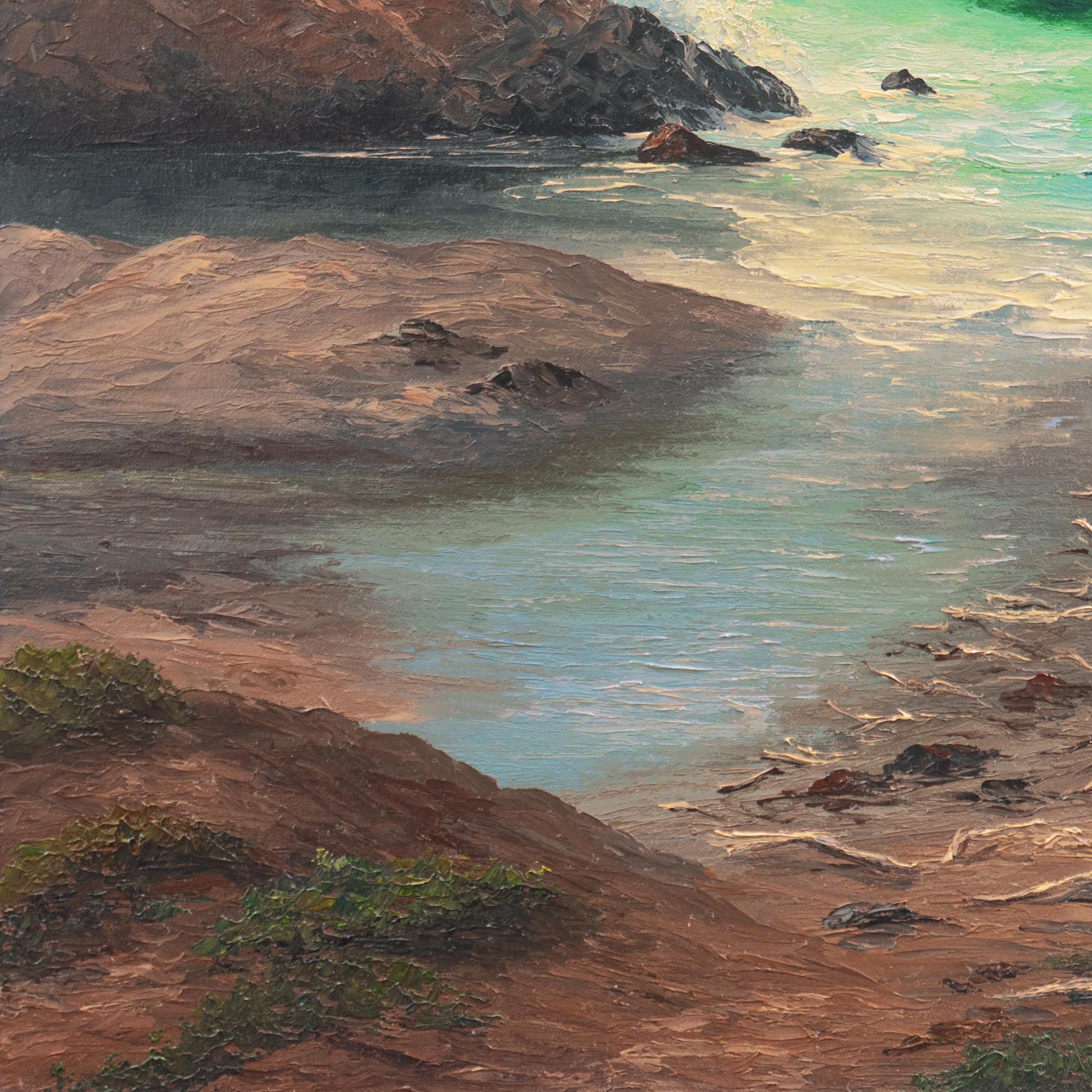 'Costa rocosa', Paisaje marino del Pacífico de Cambria, Artista californiana de mediados de siglo - Landscape Painting Marrón de Virginia Lynn
