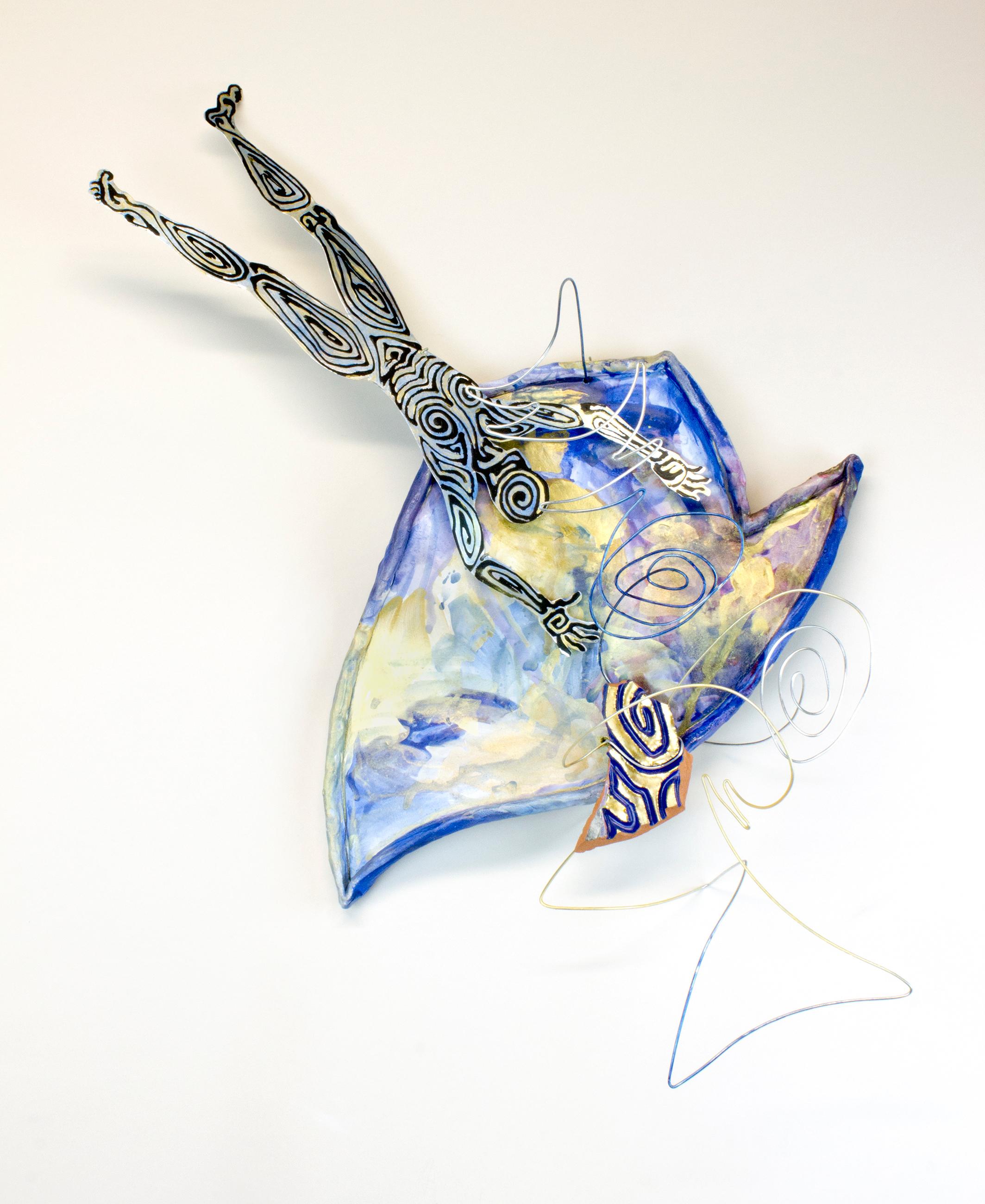 "Floundering", contemporary, blue, gold, black, metal, ceramic, sculpture - Mixed Media Art by Virginia Mahoney