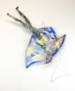 "Floundering", contemporary, blue, gold, black, metal, ceramic, sculpture