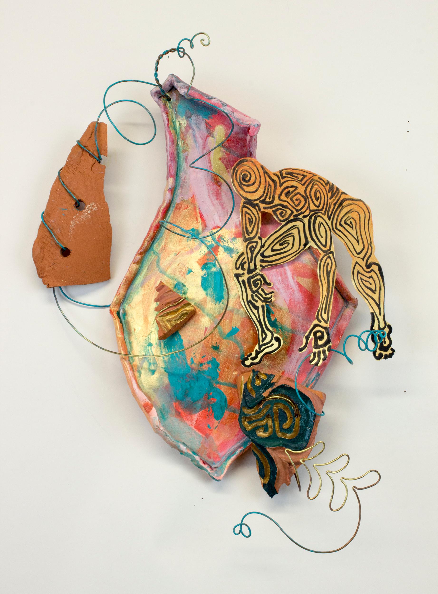 "Illogical Sequence", contemporary, pink, gold, green, teal, metal, sculpture - Mixed Media Art by Virginia Mahoney