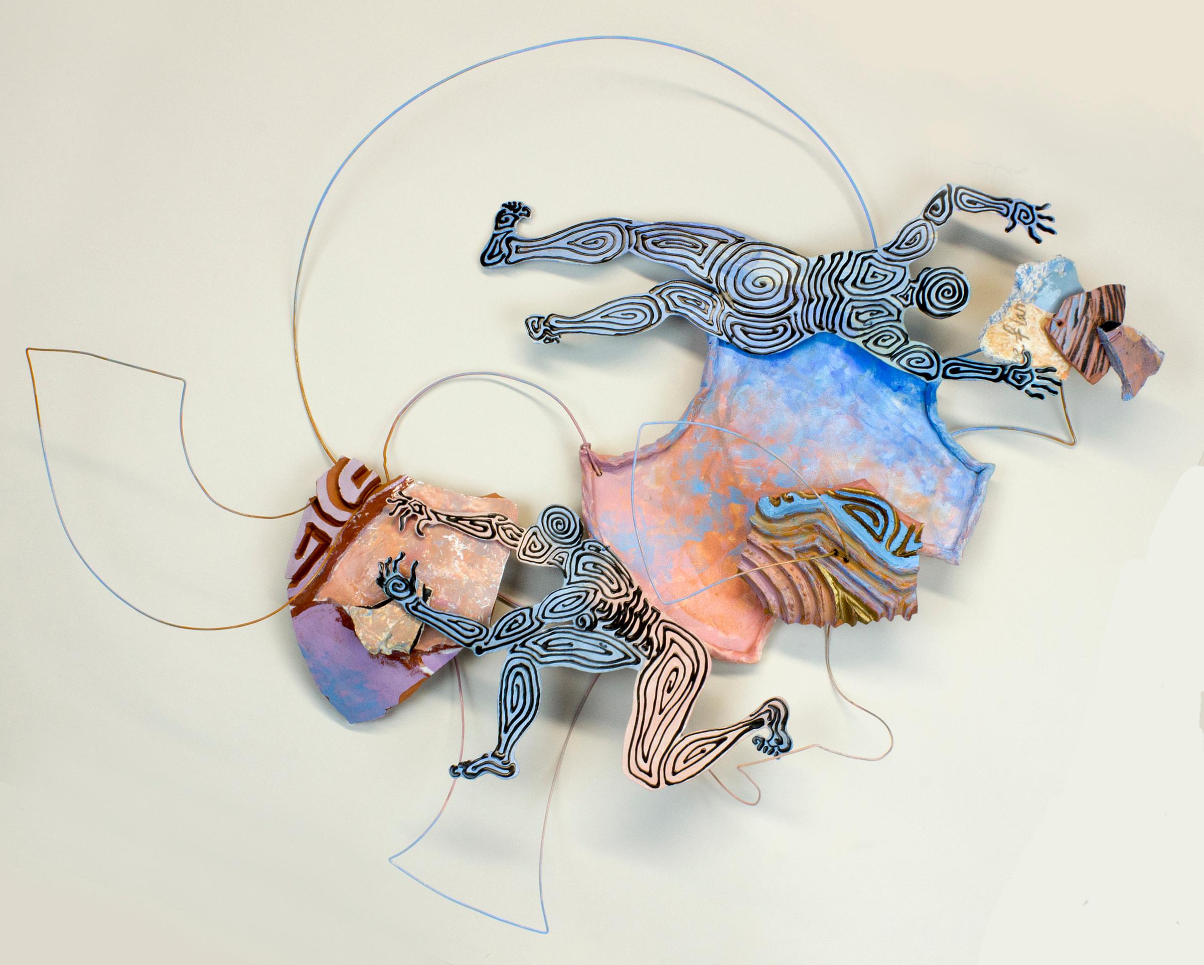 "Inspecter les métaphores", contemporain, rose, bleu, céramique, métal, sculpture.