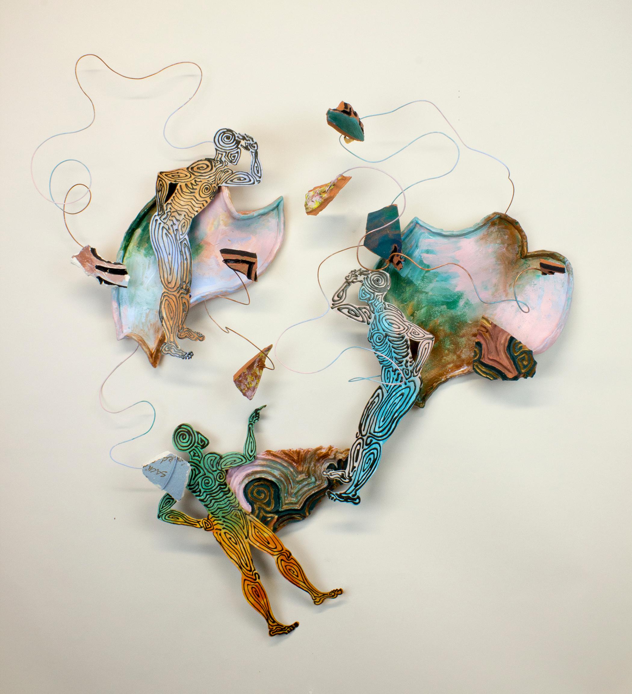 "Neither Here nor There", contemporary, pink, blue, green, metal, sculpture - Sculpture by Virginia Mahoney