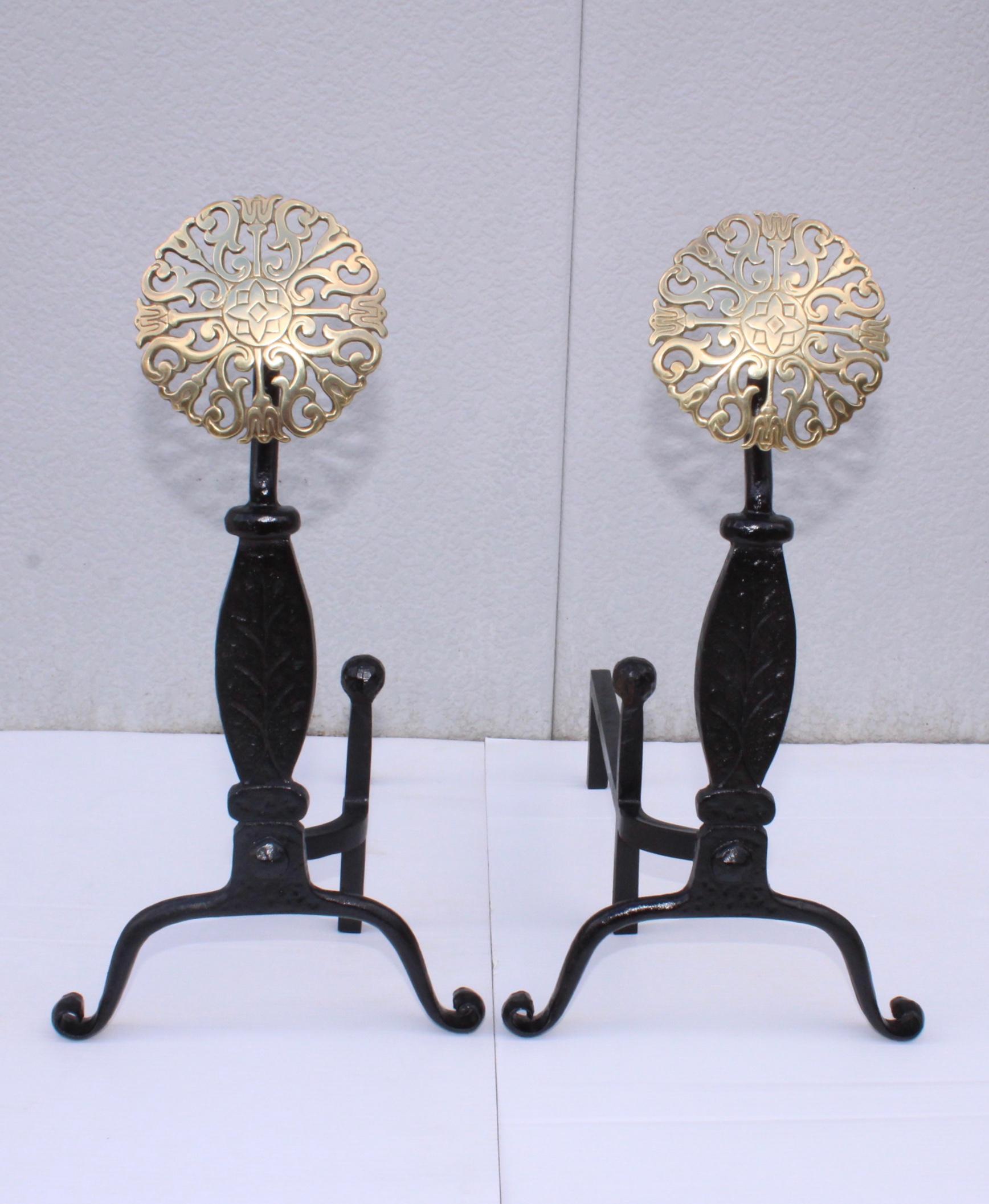 Hollywood Regency Virginia Metal-Crafters Iron with Brass Medallions Andirons