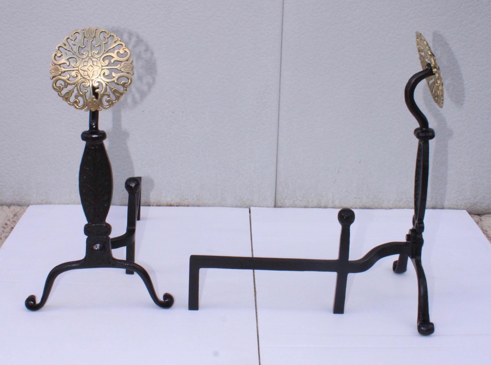 Mid-20th Century Virginia Metal-Crafters Iron with Brass Medallions Andirons
