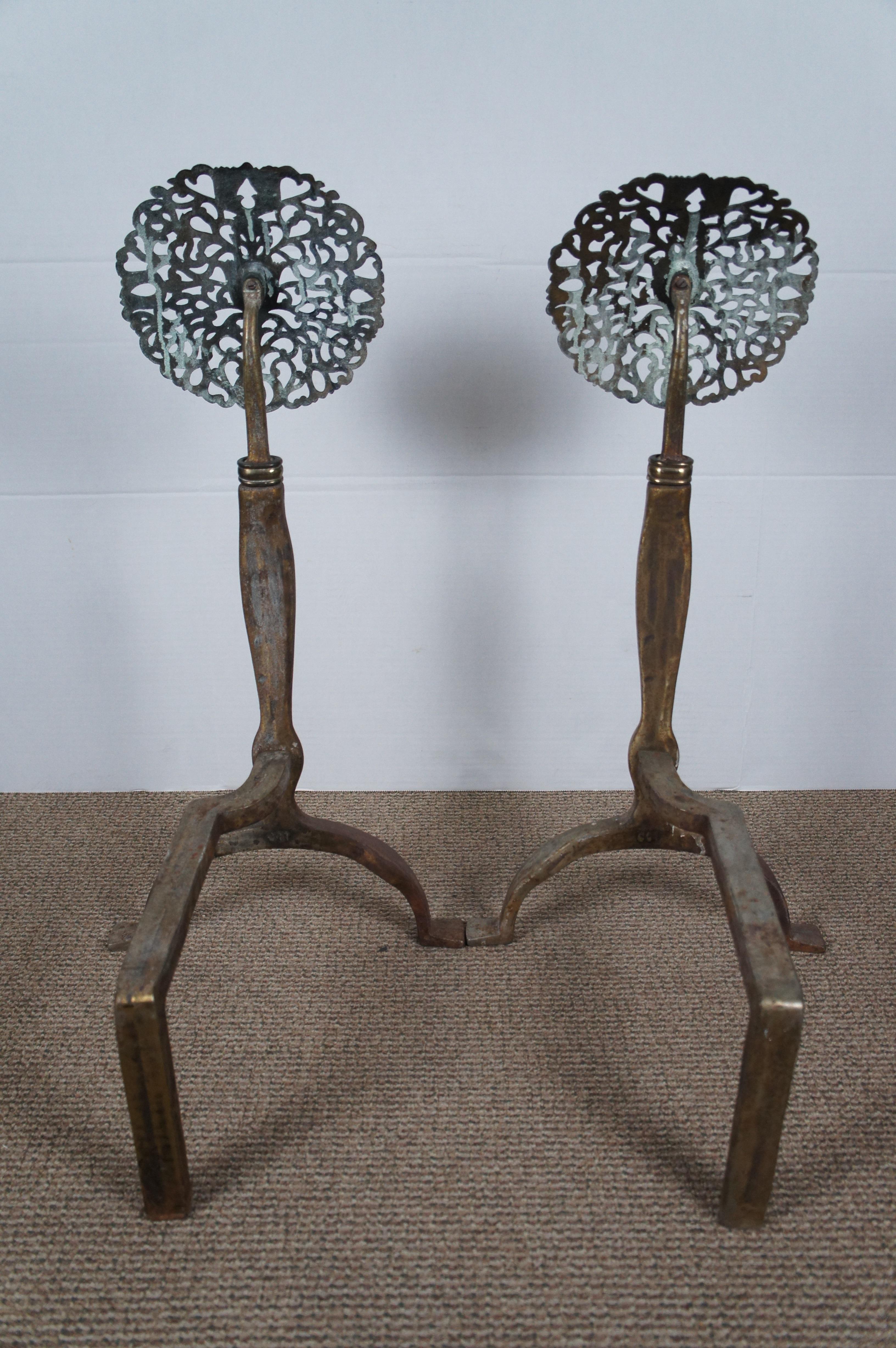 Virginia Metalcrafters Art Deco Brass Iron Floral Medallion Andirons Firedogs 27 For Sale 3