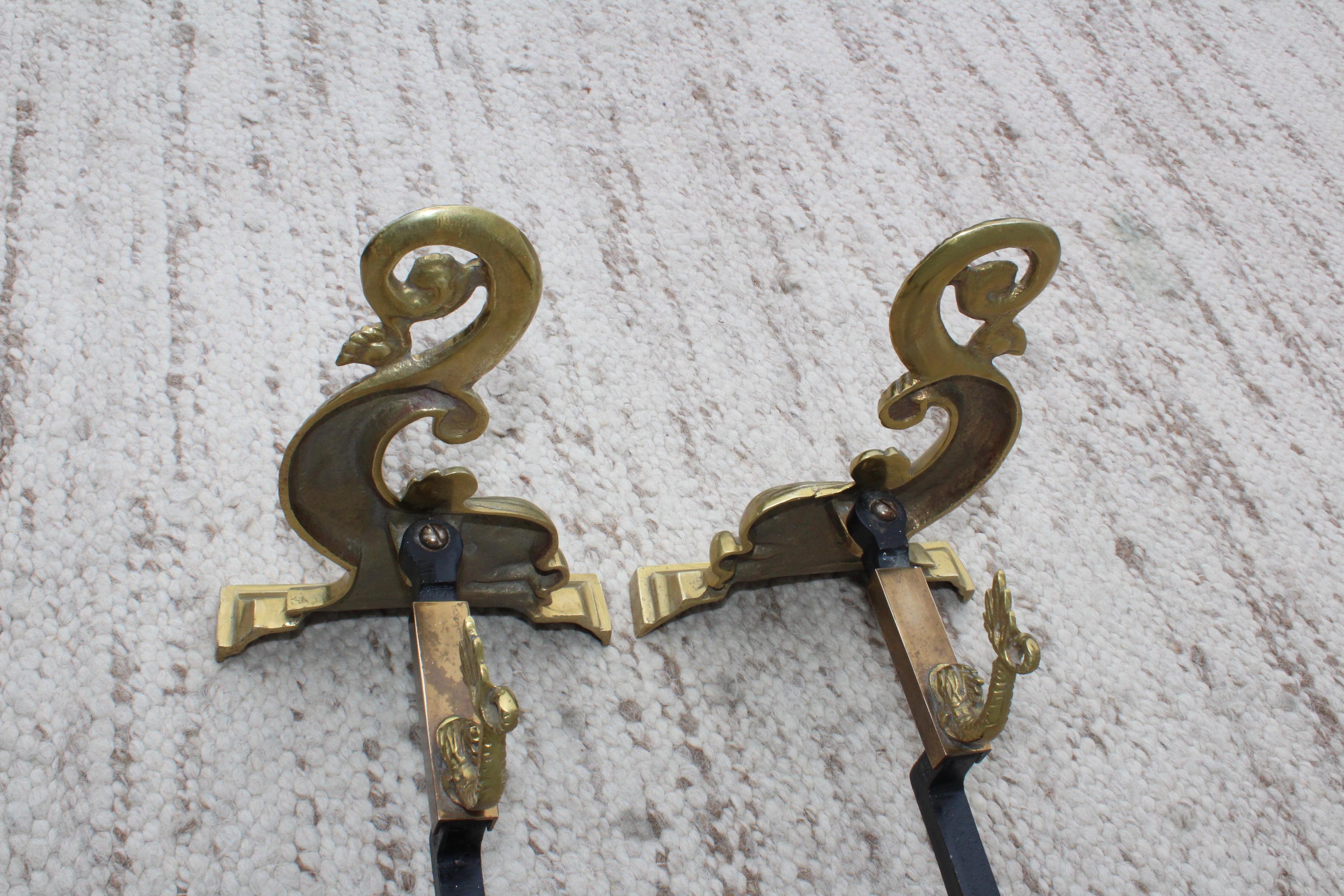Virginia Metalcrafters Brass Dolphin Andirons For Sale 1