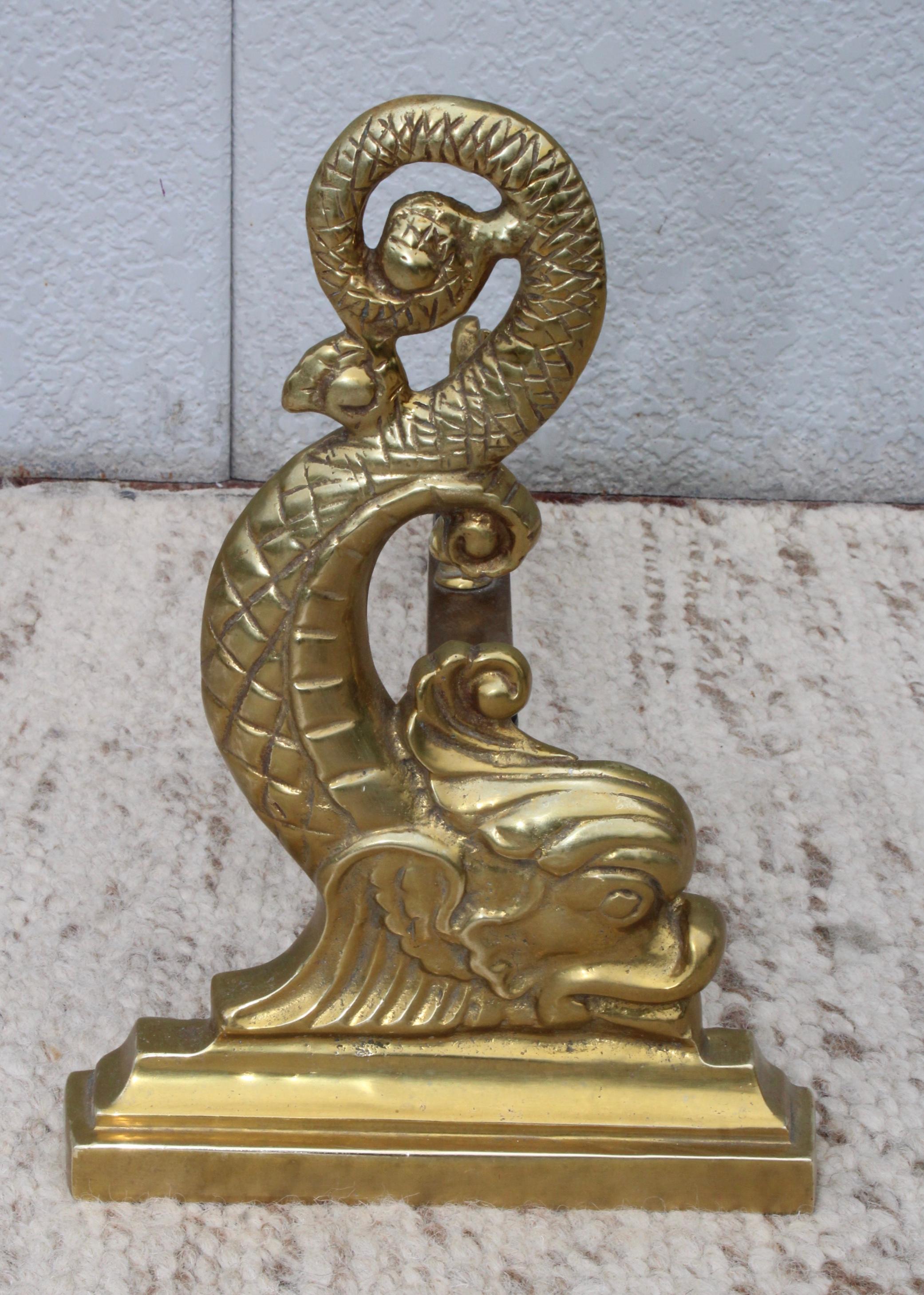Virginia Metalcrafters Brass Dolphin Andirons For Sale 3