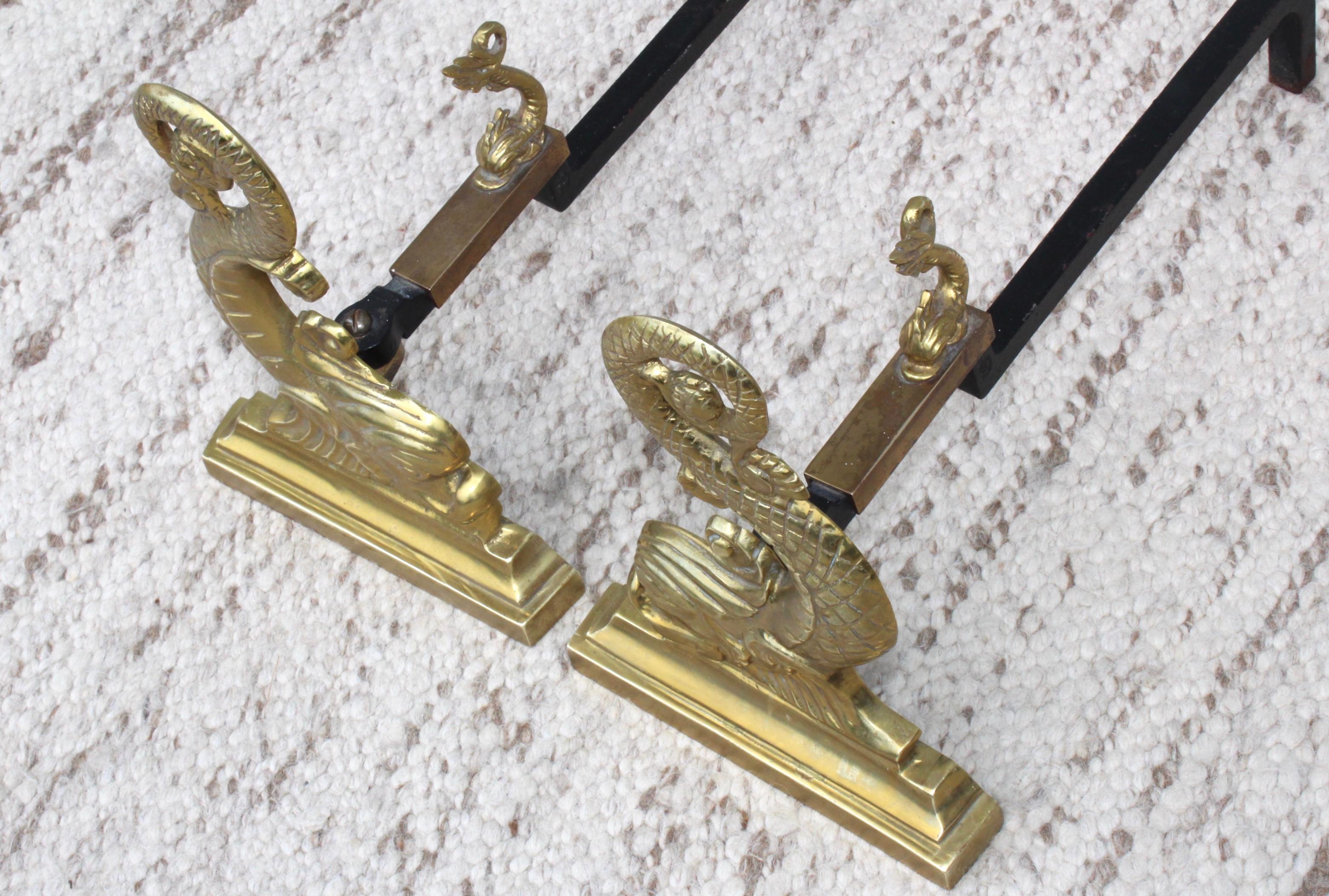 Mid-Century Modern Virginia Metalcrafters Brass Dolphin Andirons For Sale