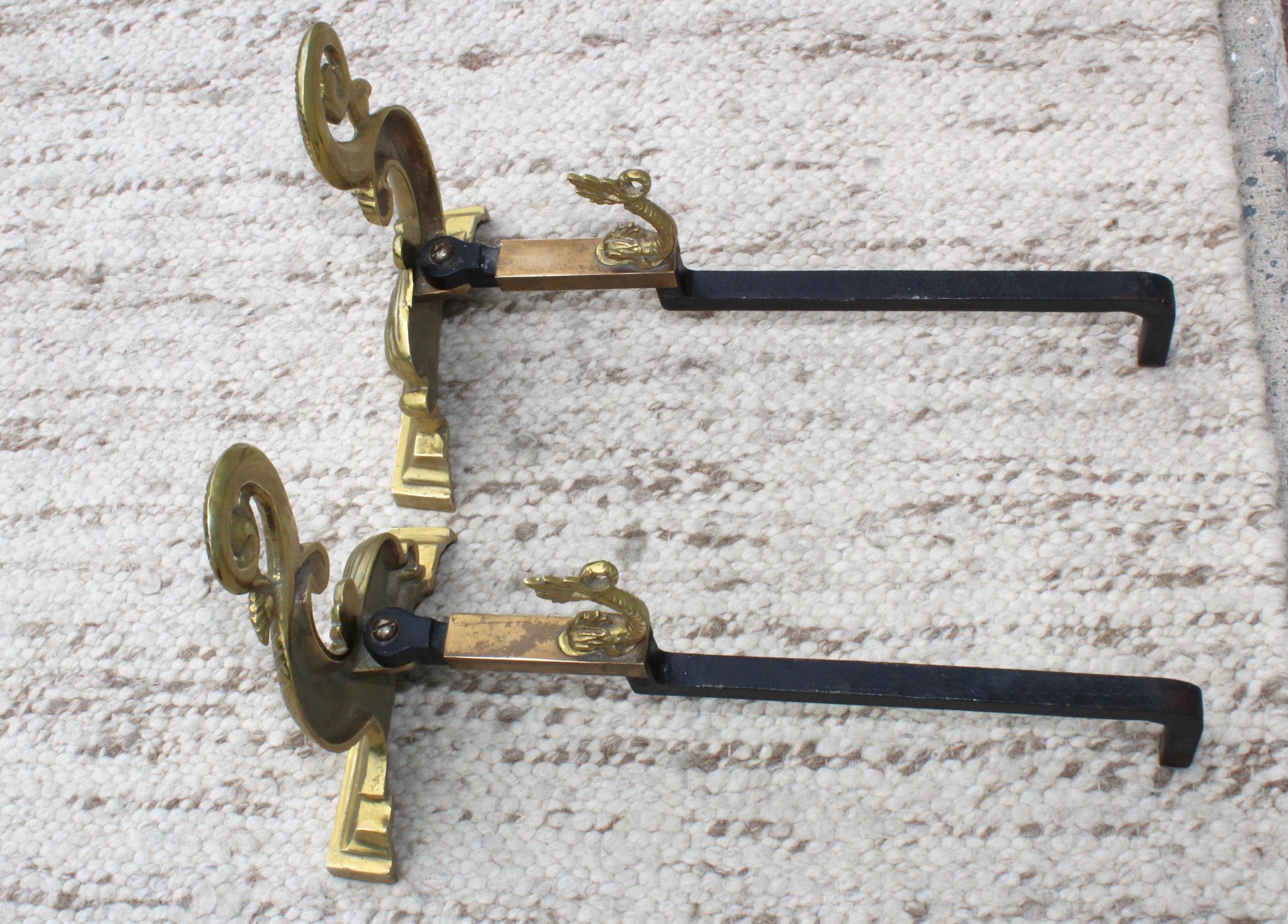 Virginia Metalcrafters Brass Dolphin Andirons In Good Condition For Sale In New York, NY