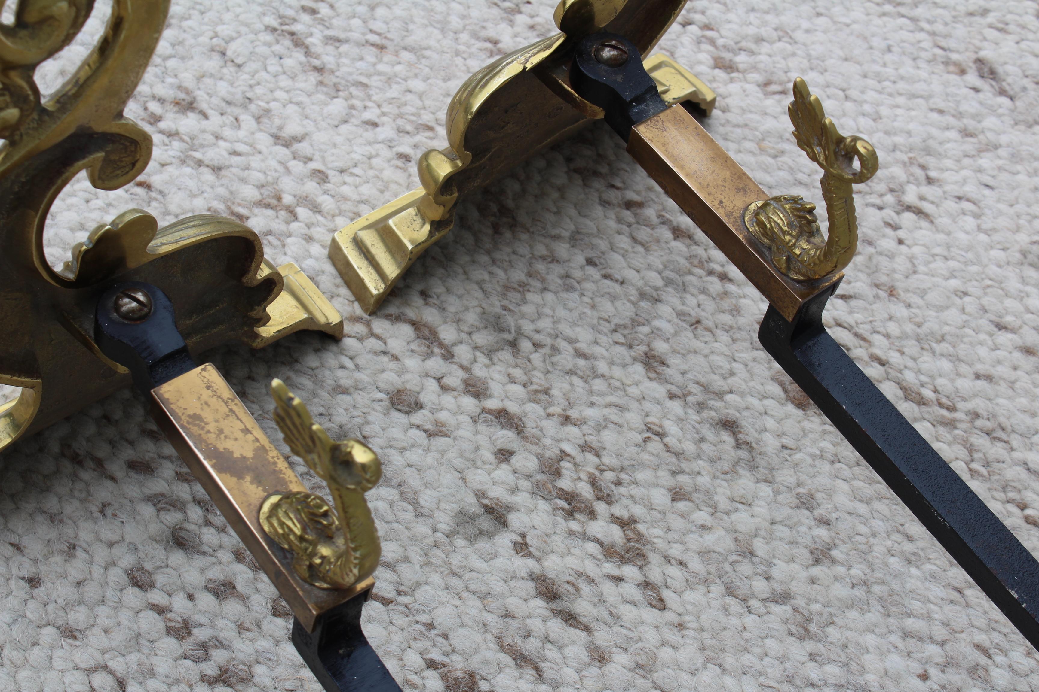 Mid-20th Century Virginia Metalcrafters Brass Dolphin Andirons For Sale