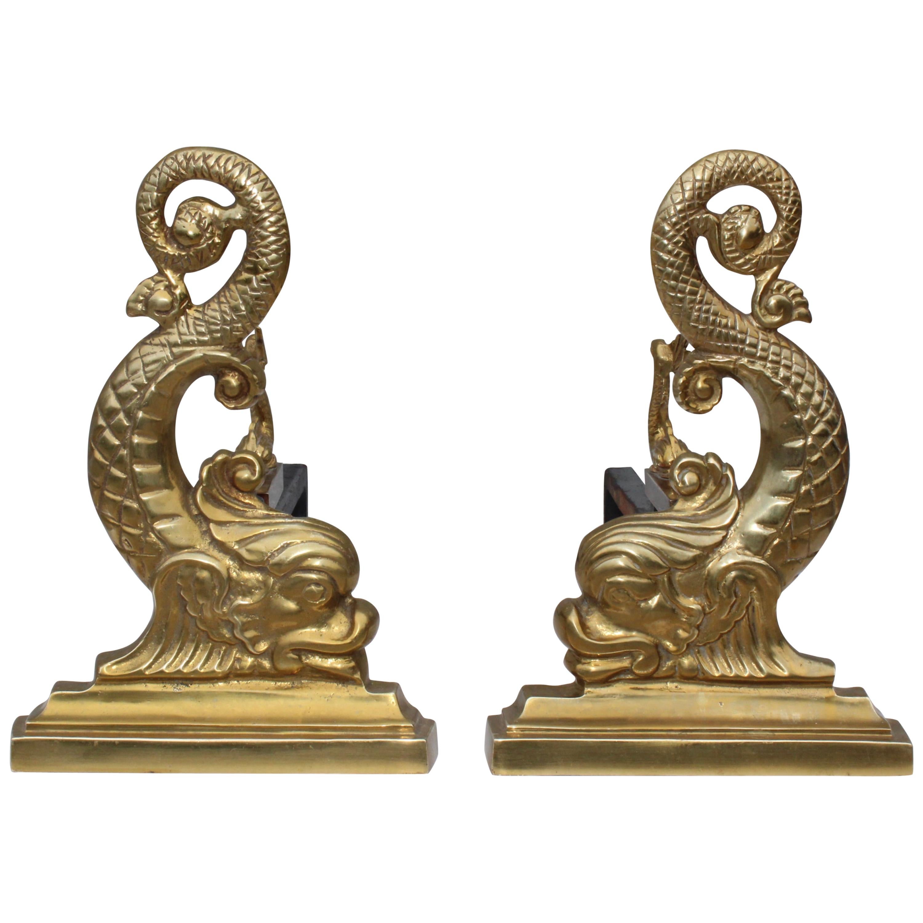 Virginia Metalcrafters Brass Dolphin Andirons For Sale