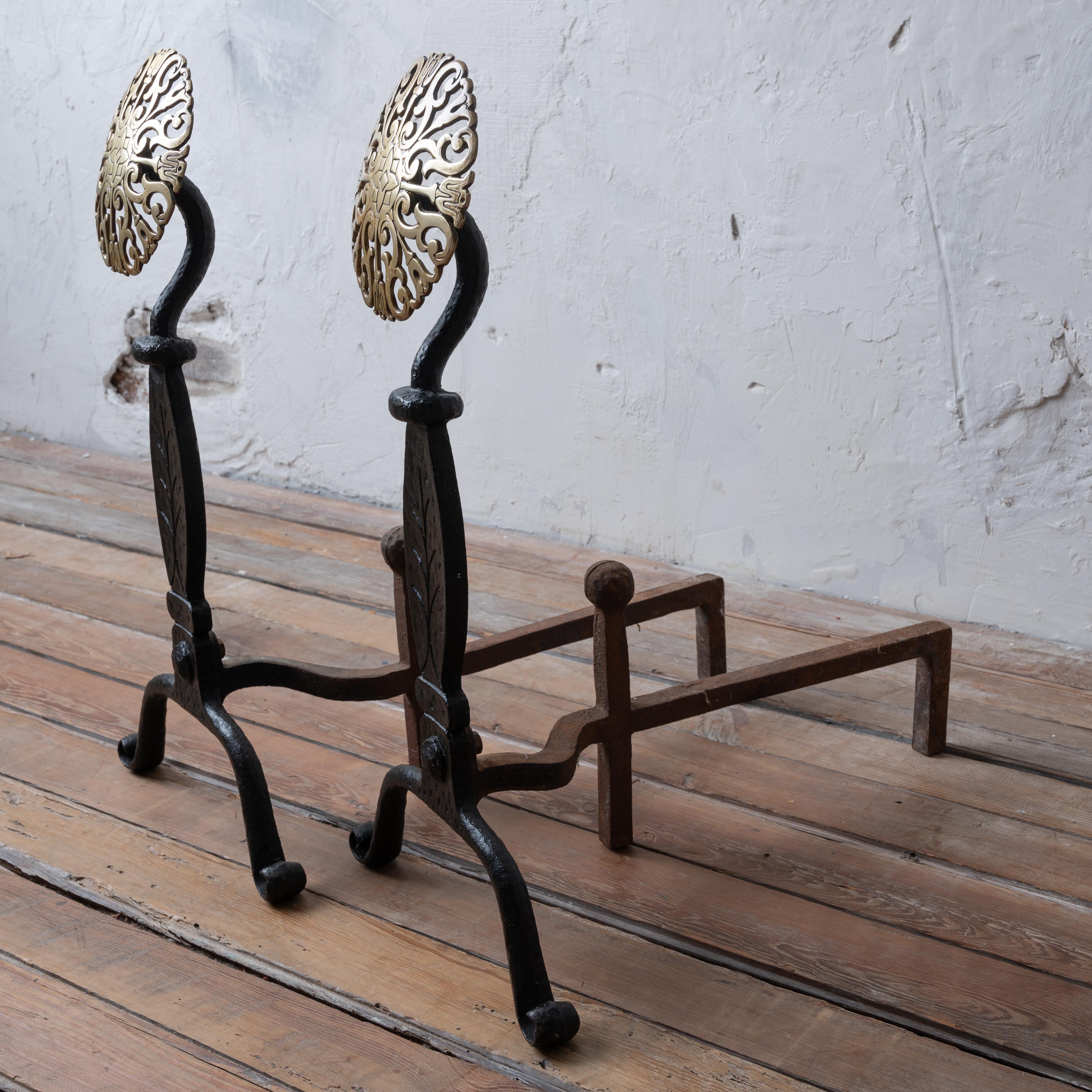 Mid-20th Century Virginia Metalcrafters Brass Medallion Andirons For Sale