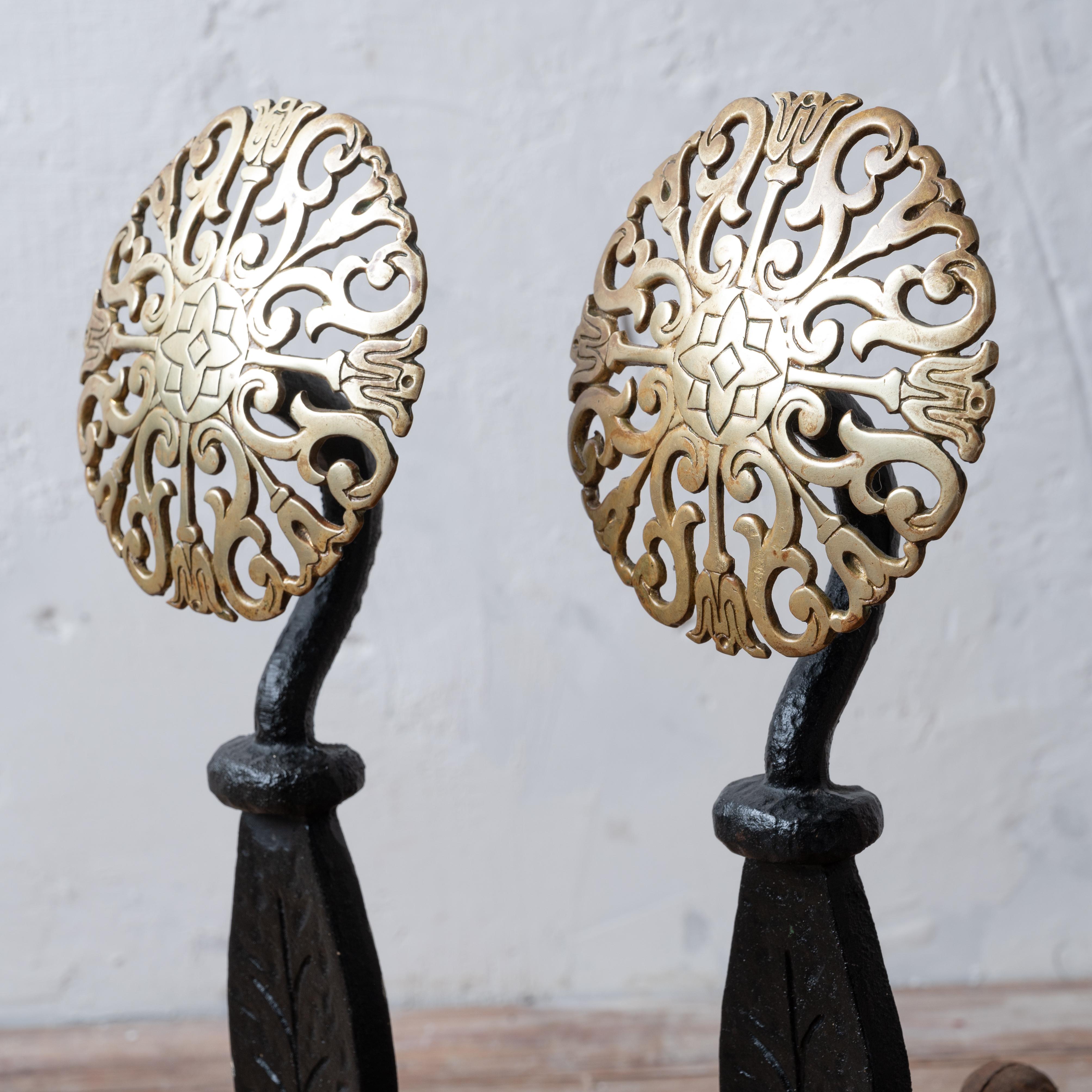 Virginia Metalcrafters Brass Medallion Andirons For Sale 1