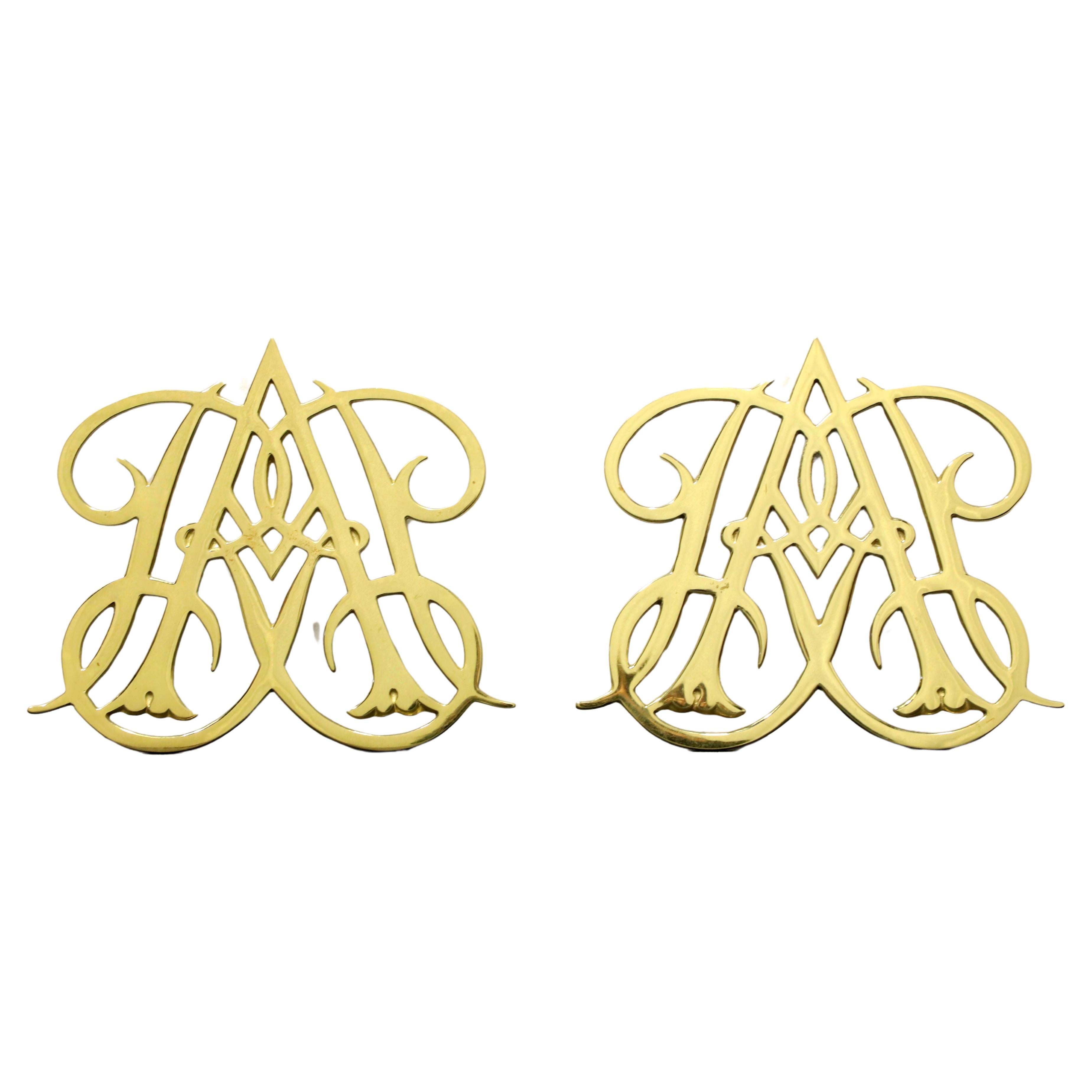 VIRGINIA METALCRAFTERS Brass Williamsburg Queen Anne Cypher Trivets - Pair For Sale