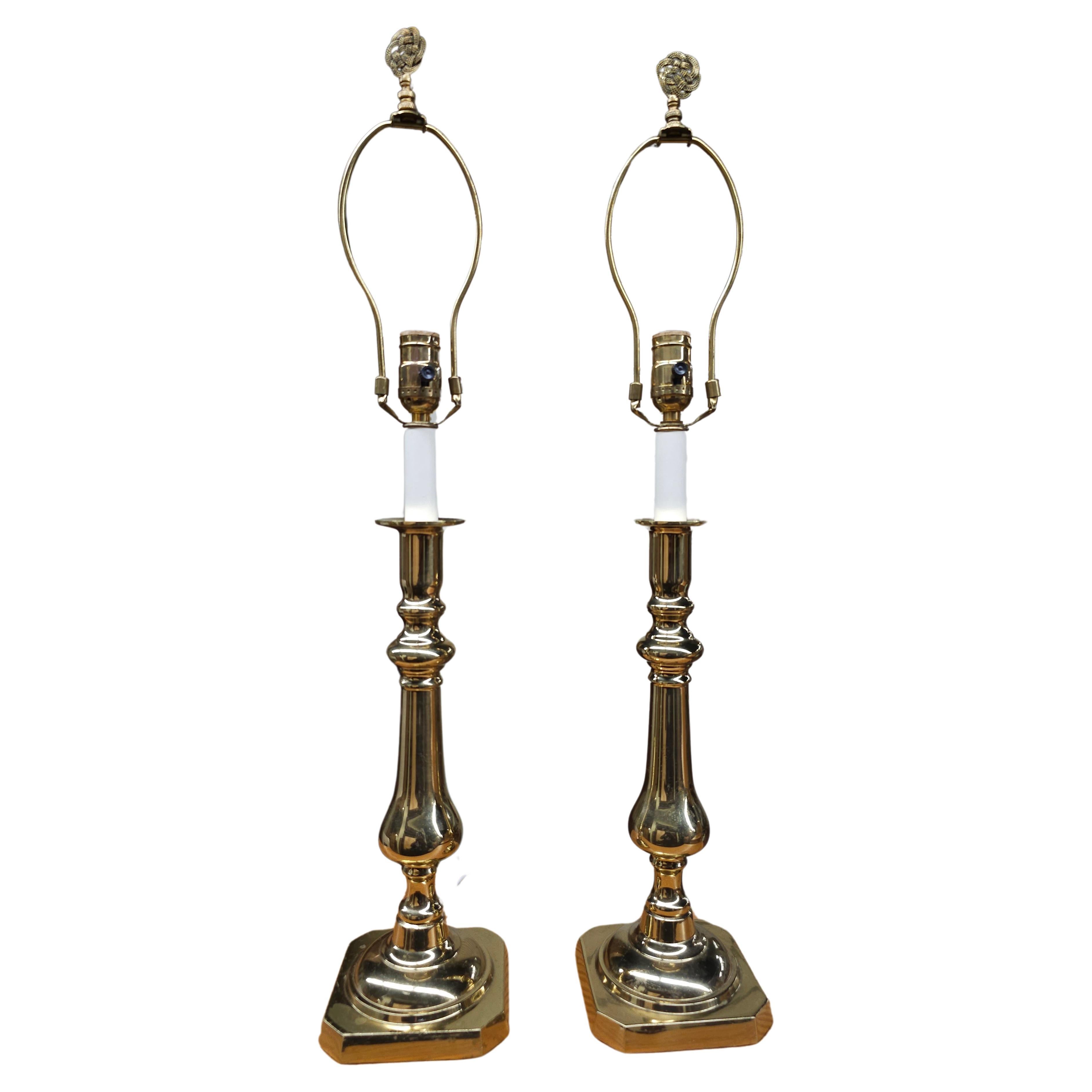 Virginia MetalCrafters Neoclassical Solid Polished Brass CandleStick Table Lamps For Sale