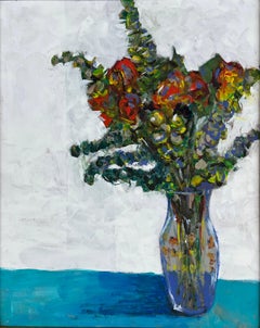 Nature morte au bouquet multicolore du milieu du siècle Huile sur Masonite