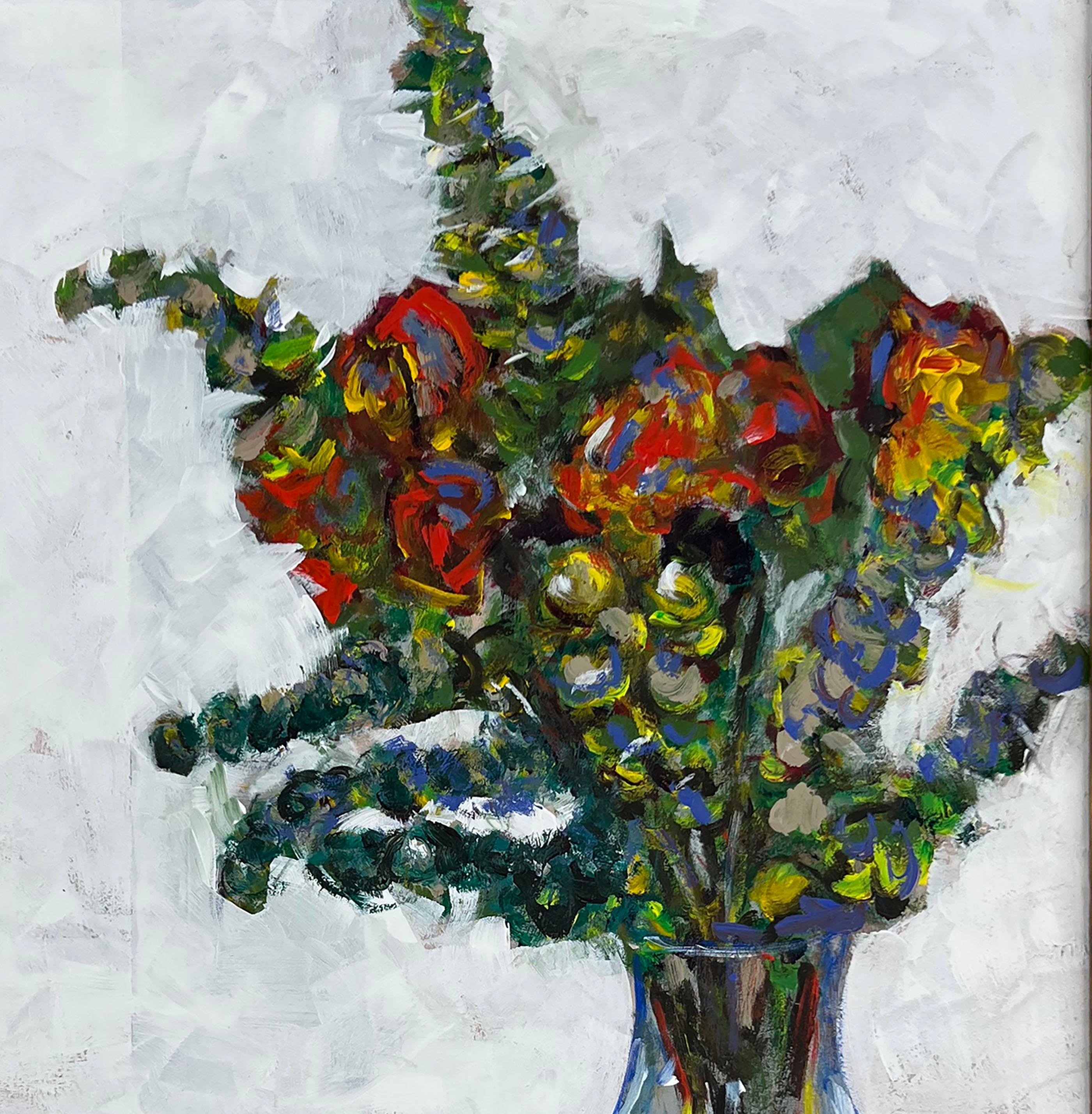 Mid-Century Modernist Multi-Color Bouquet Still Life Oil on Masonite - Abstract Impressionist Painting by Virginia Rogers