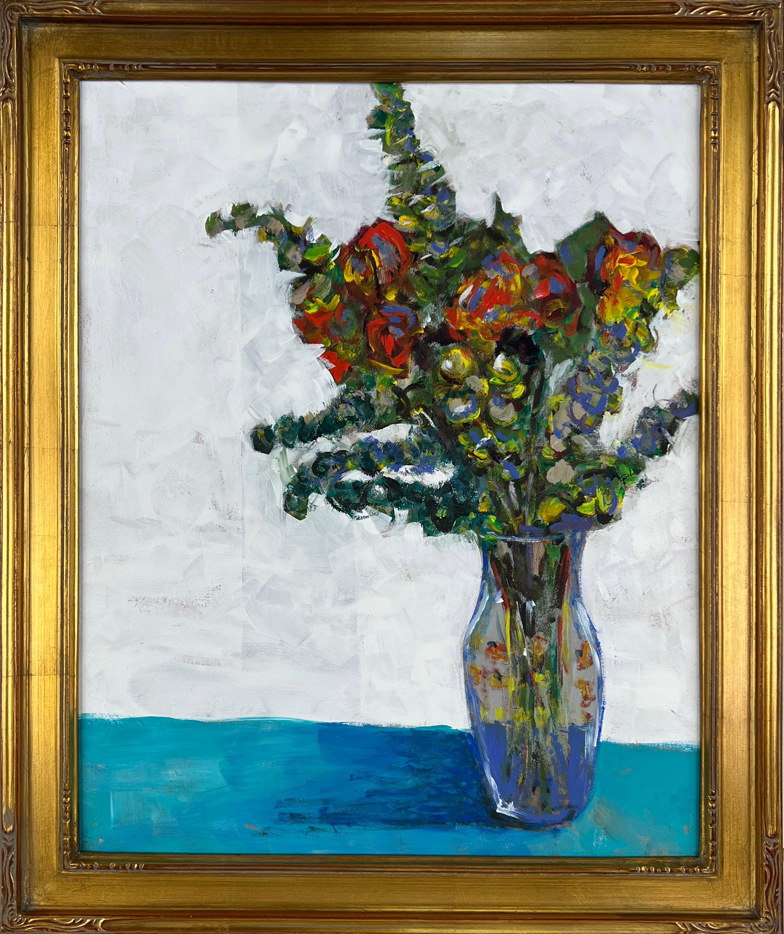 Virginia Rogers Still-Life Painting – Mehrfarbiges Blumenstrauß-Stillleben, Öl auf Masonit, Modernismus der Mitte des Jahrhunderts