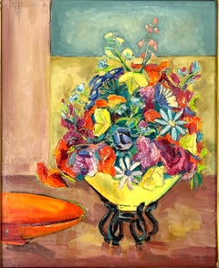 Vase bouquet de fleurs multicolore moderniste du milieu du siècle, nature morte de fleurs