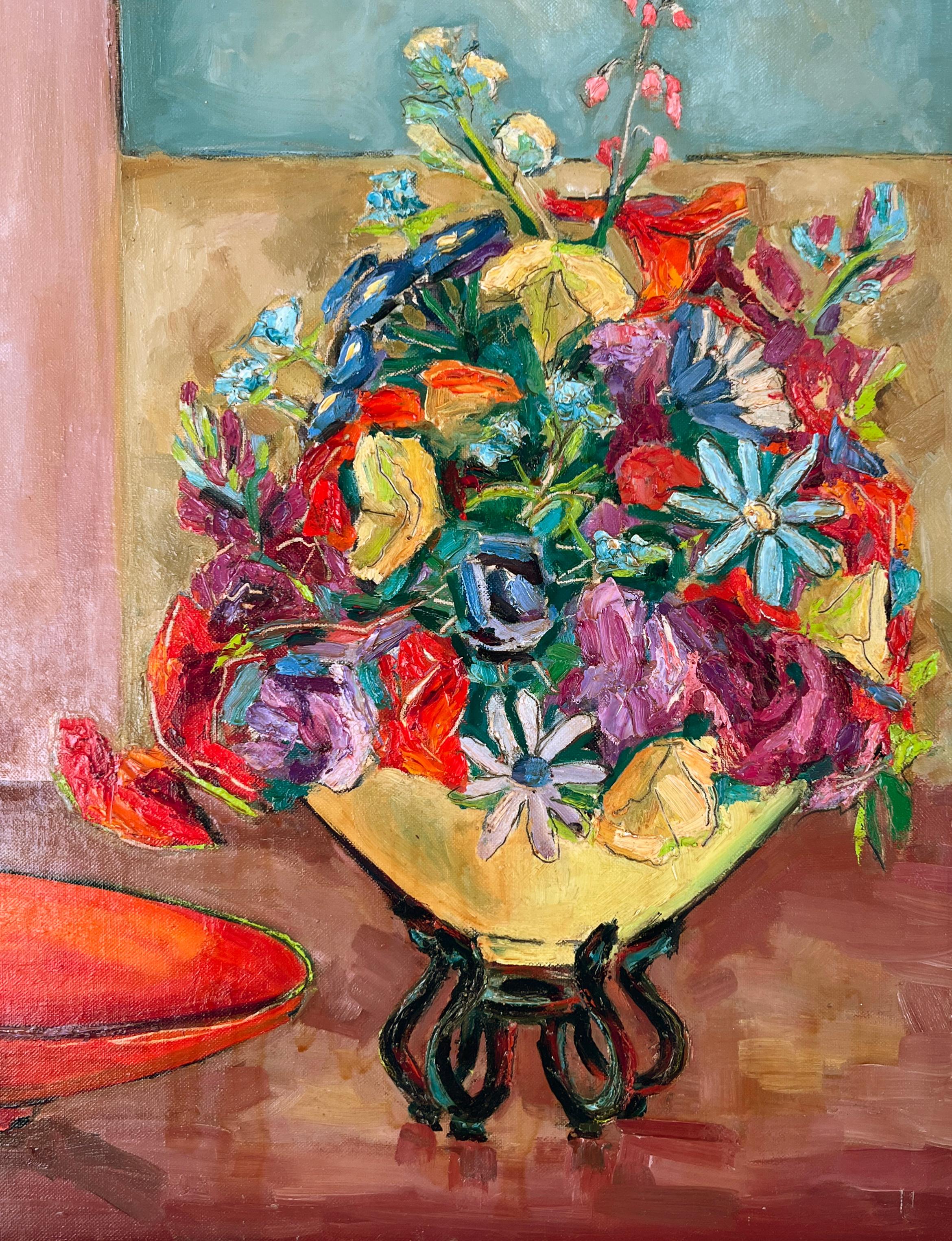 Mid-Century Modernist Multi-Color Bouquet, Yellow Vase of Flowers Still Life - Abstract Impressionist Painting by Virginia Rogers