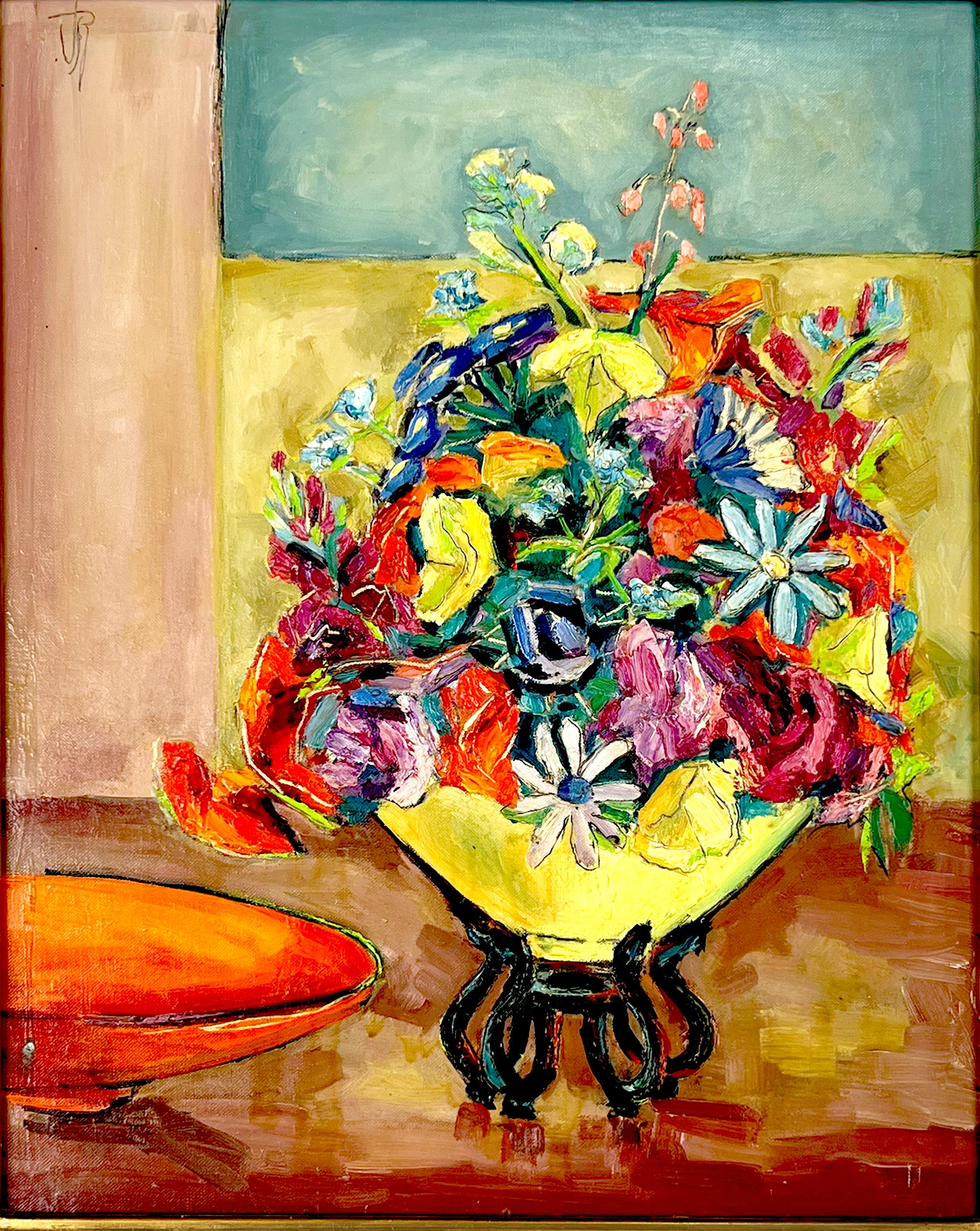Mid-Century Modernist Multi-Color Bouquet, Yellow Vase of Flowers Still Life
Vivid and fun mid century modern still-life of a yellow vase of flowers by California artist Virginia Sevier Rogers (American, 1917-2015). A CAL Berkeley Modernist painter.