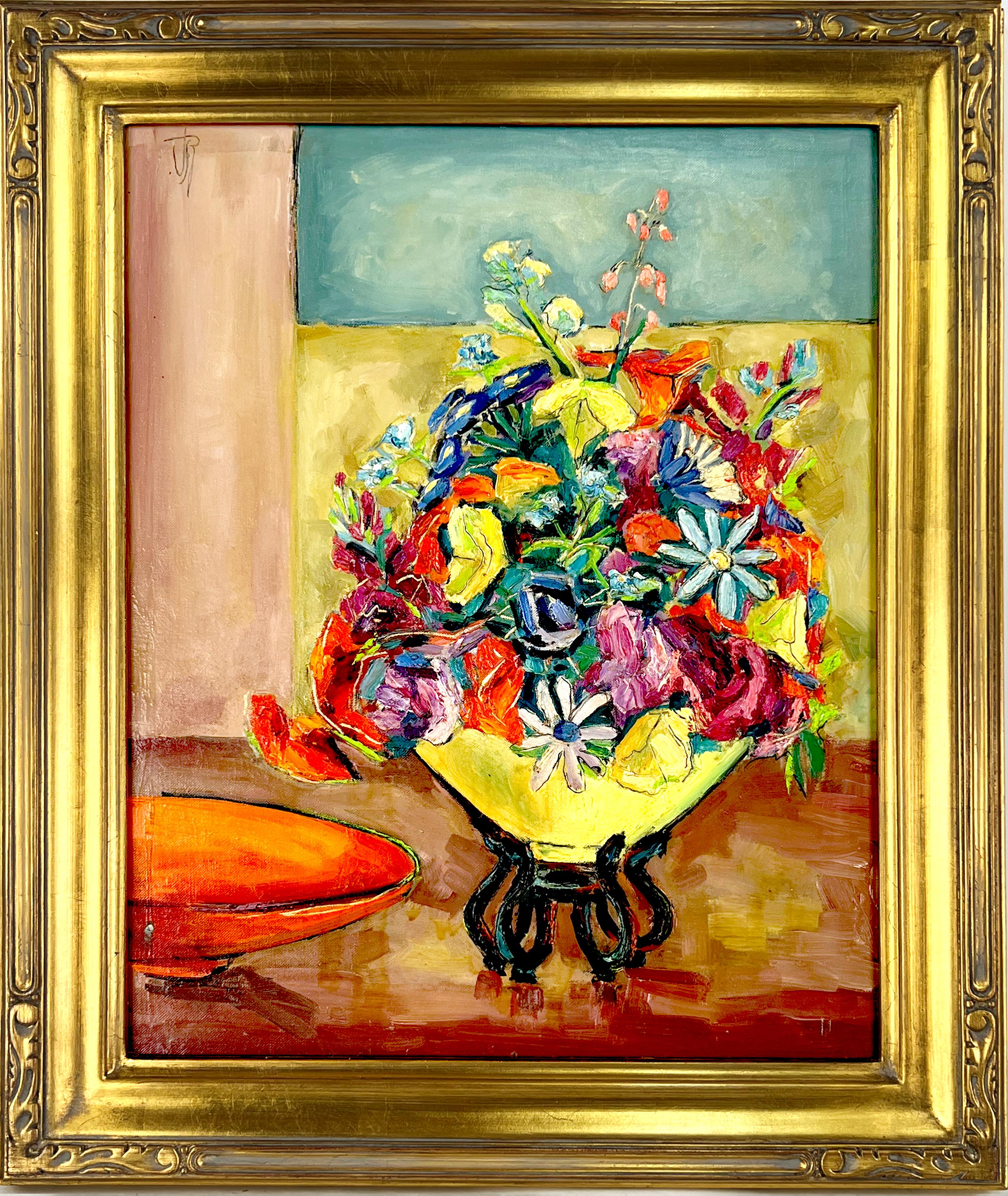Virginia Rogers Interior Painting – Modernistischer mehrfarbiger Blumenstrauß aus der Mitte des Jahrhunderts, gelbe Vase mit Blumenstillleben