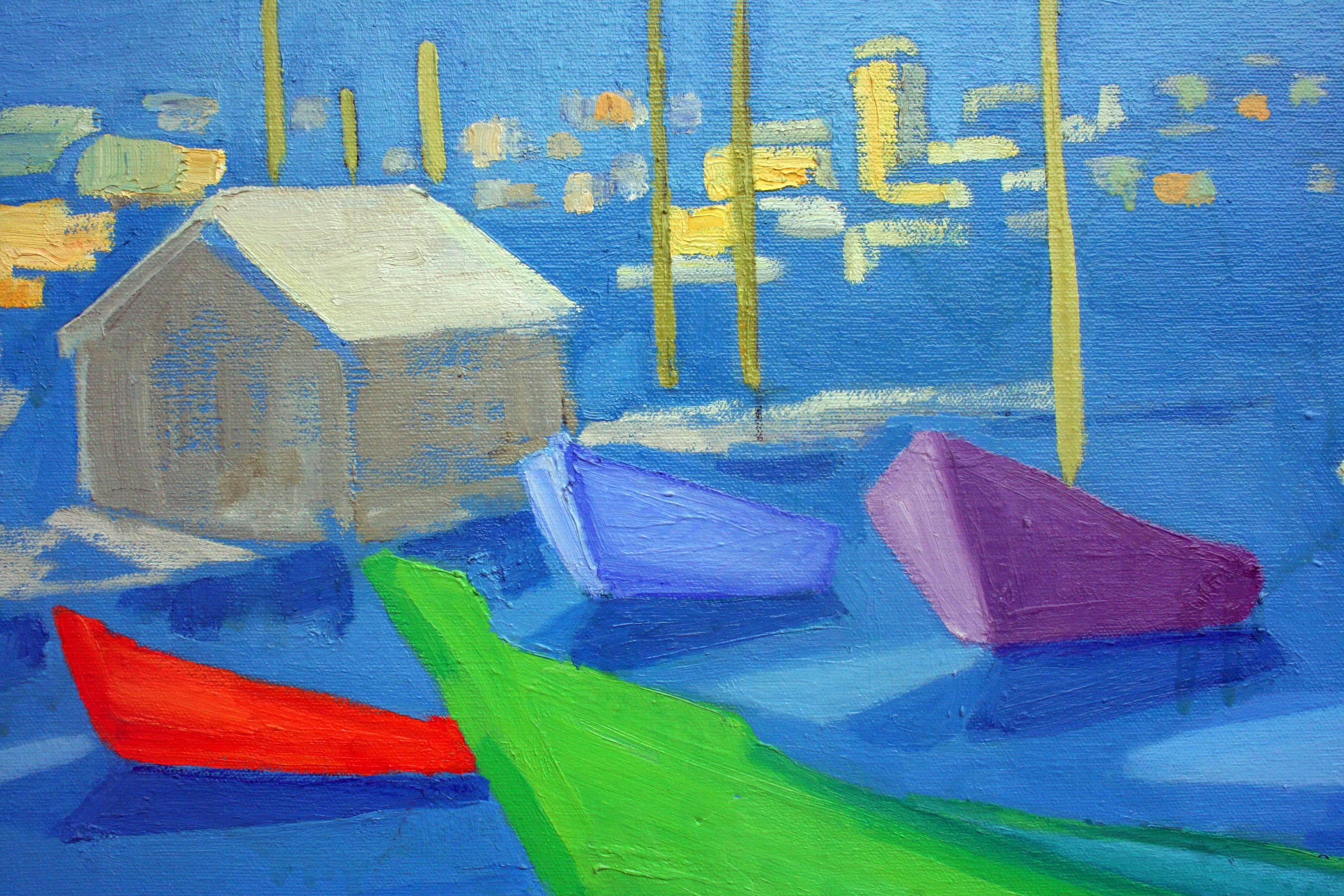 Modernist Boats - Abstract Monterey Seascape in Oil on Canvas - Painting by Virginia Rogers