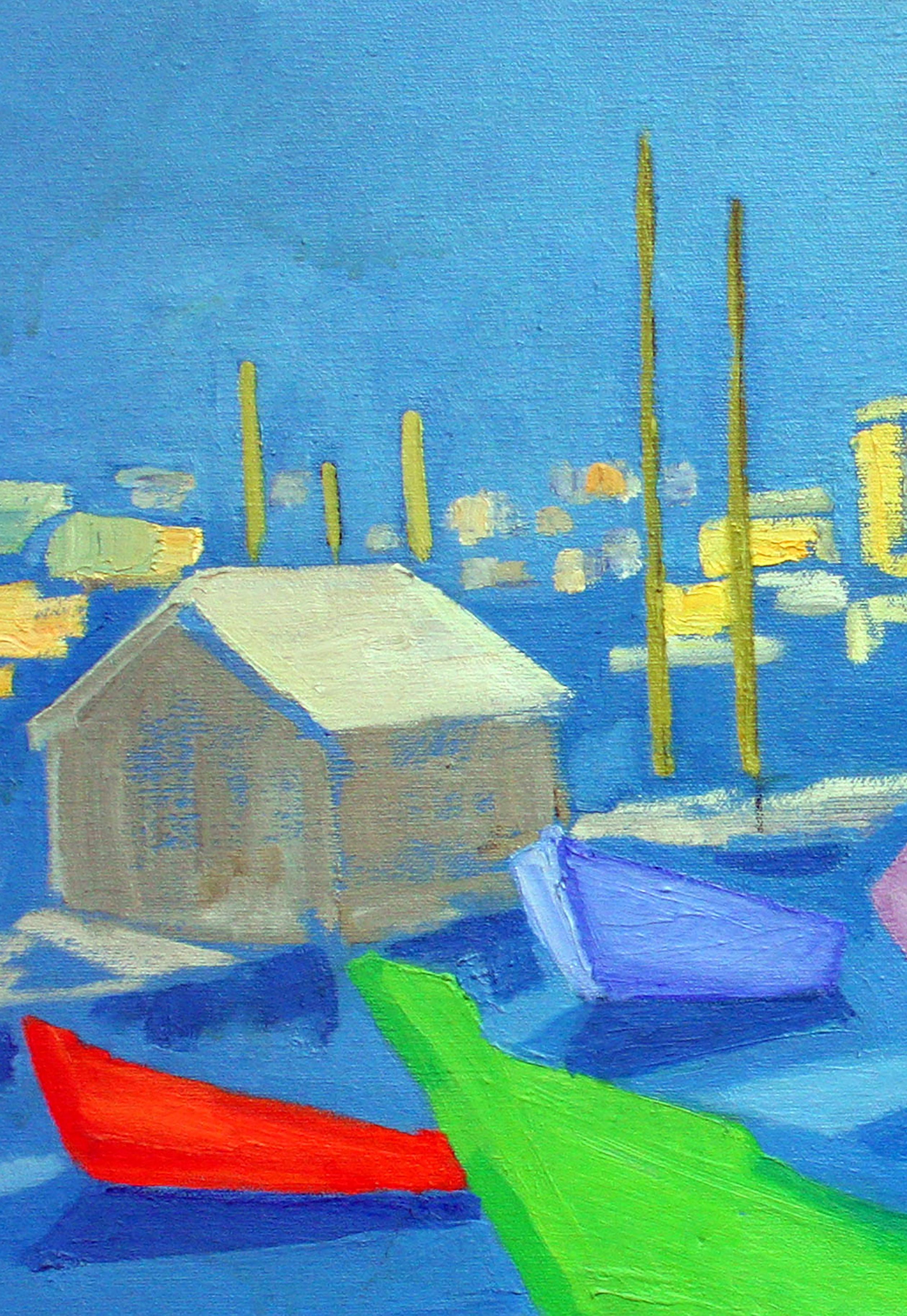 Modernist Boats - Abstract Monterey Seascape in Oil on Canvas - Abstract Impressionist Painting by Virginia Rogers