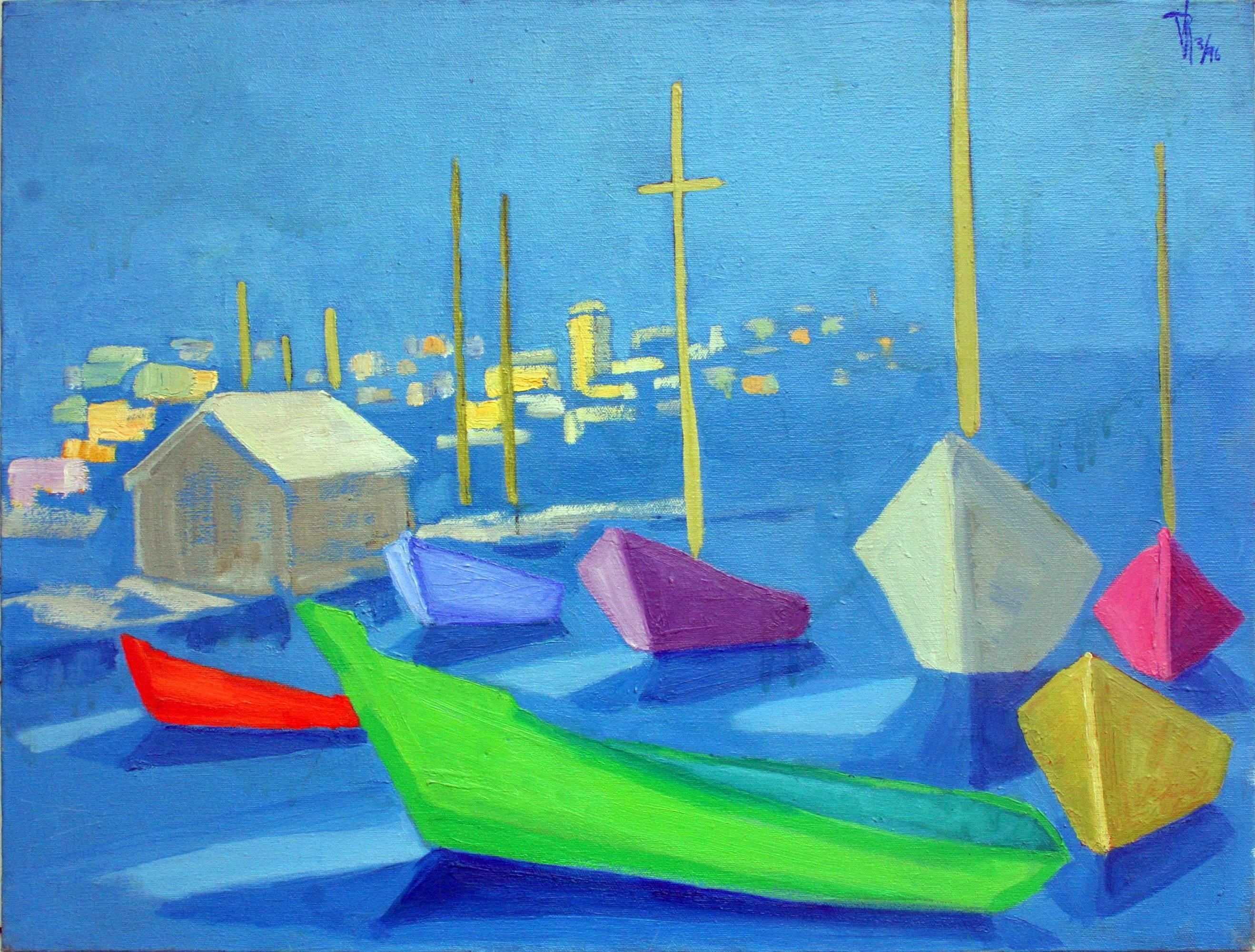 Virginia Rogers Abstract Painting - Modernist Boats - Abstract Monterey Seascape in Oil on Canvas