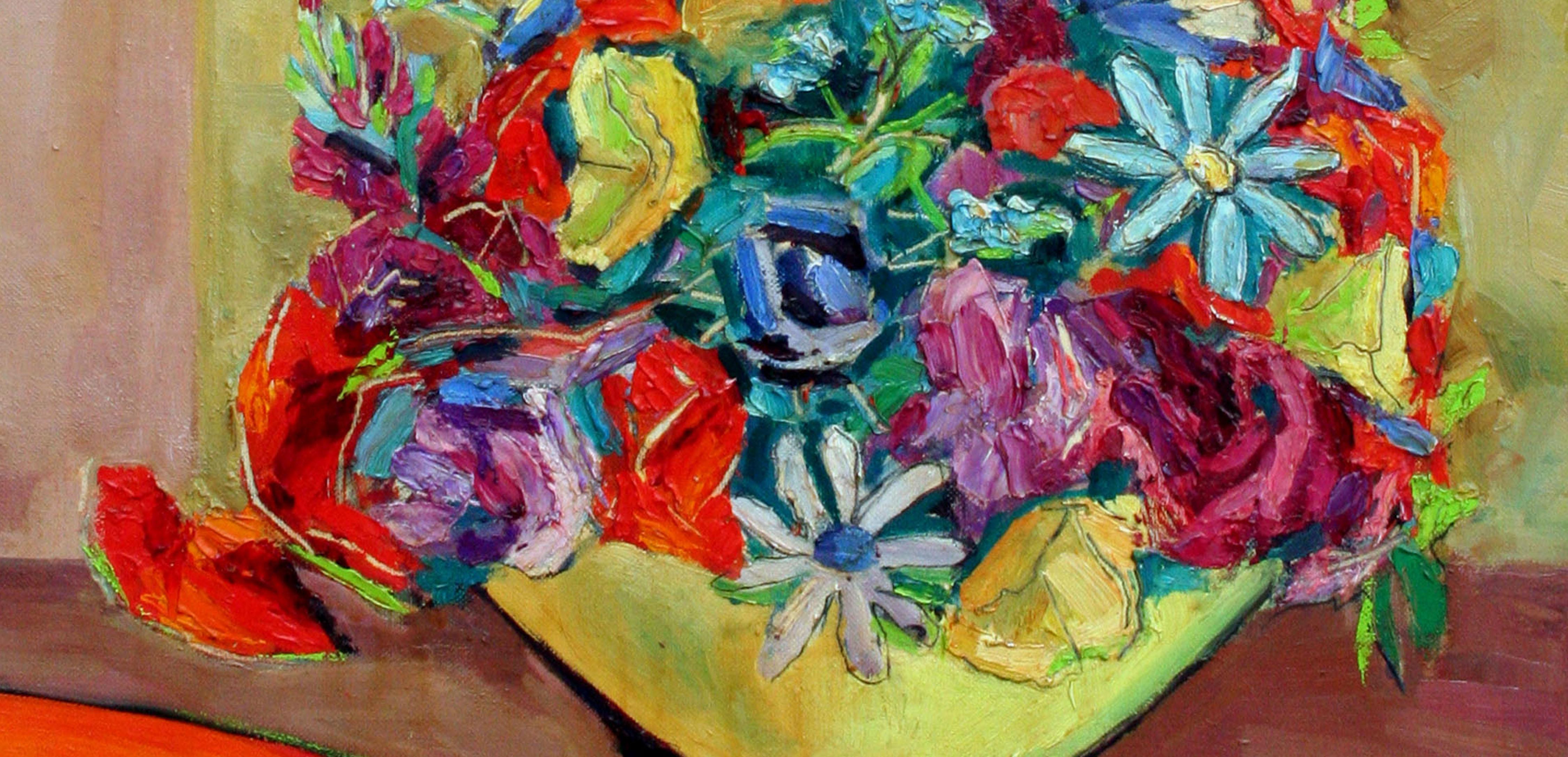 Mid Century Modern Multi-Color Bouquet, Yellow Vase of Flowers Still Life - Painting by Virginia Rogers