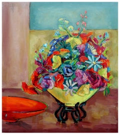 Mid Century Modern Multi-Color Bouquet, Yellow Vase of Flowers Still Life