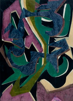 Mid Century Modern 1960s Abstract Geometric Collage w Navy Blue, Green & Purple