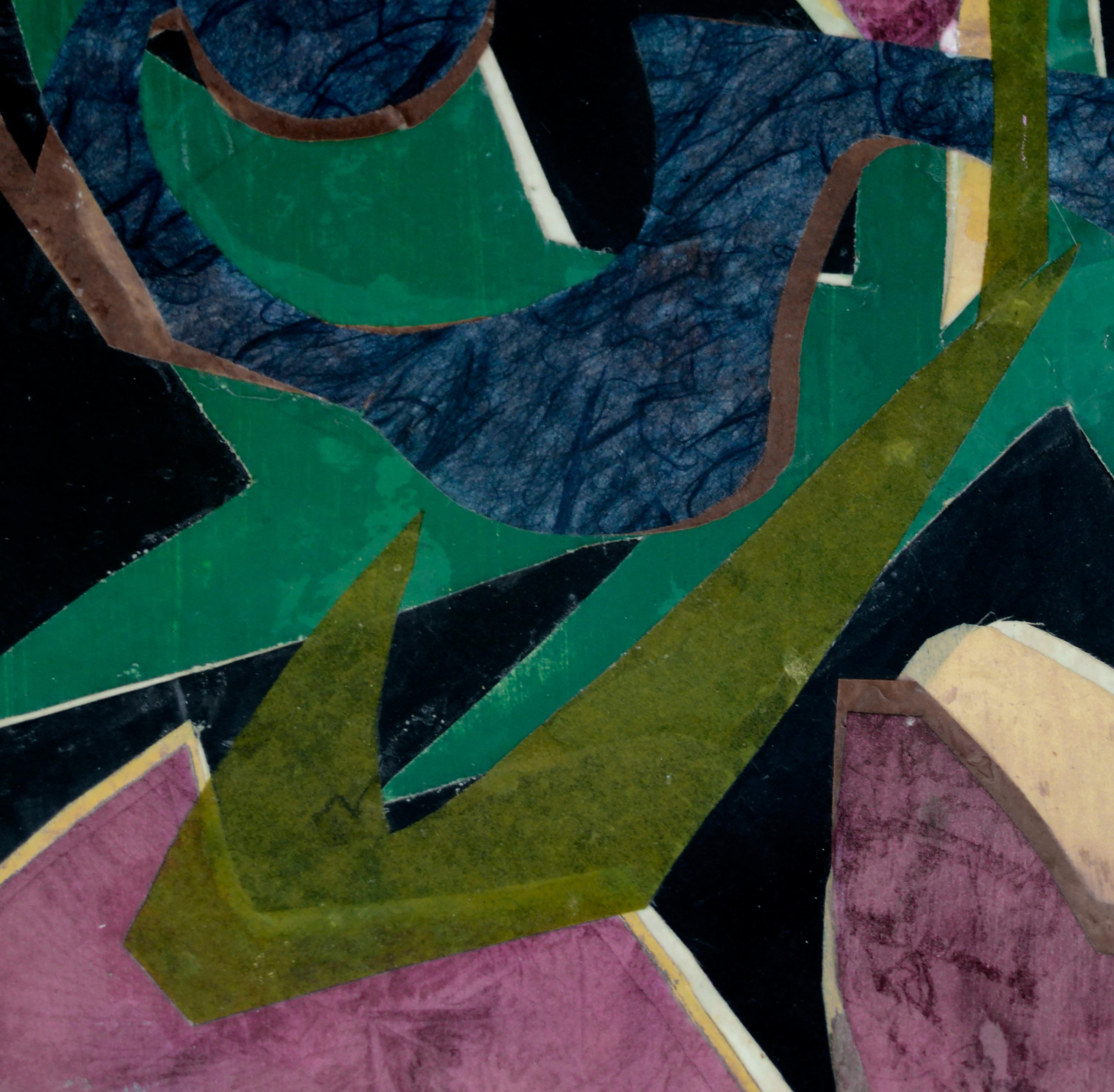 Mid Century Modern 1960s Abstract Geometric Collage w Navy Blue, Green & Greene in vendita 1