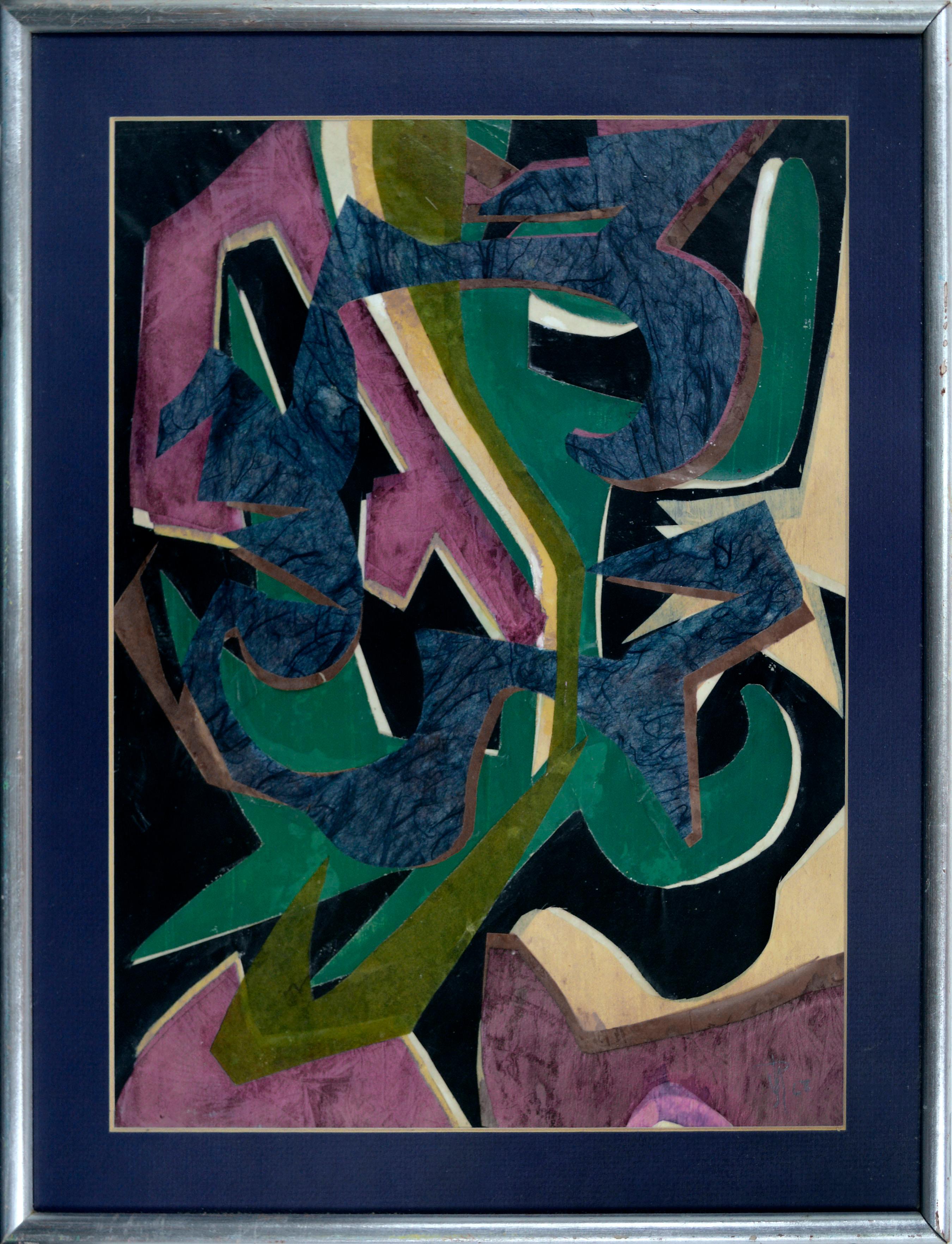 Abstrakte geometrische Collage mit Marineblau, Grün und Lila, Mid-Century Modern 1960er Jahre