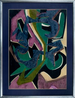 Mid Century Modern 1960s Abstract Geometric Collage w Navy Blue, Green & Purple