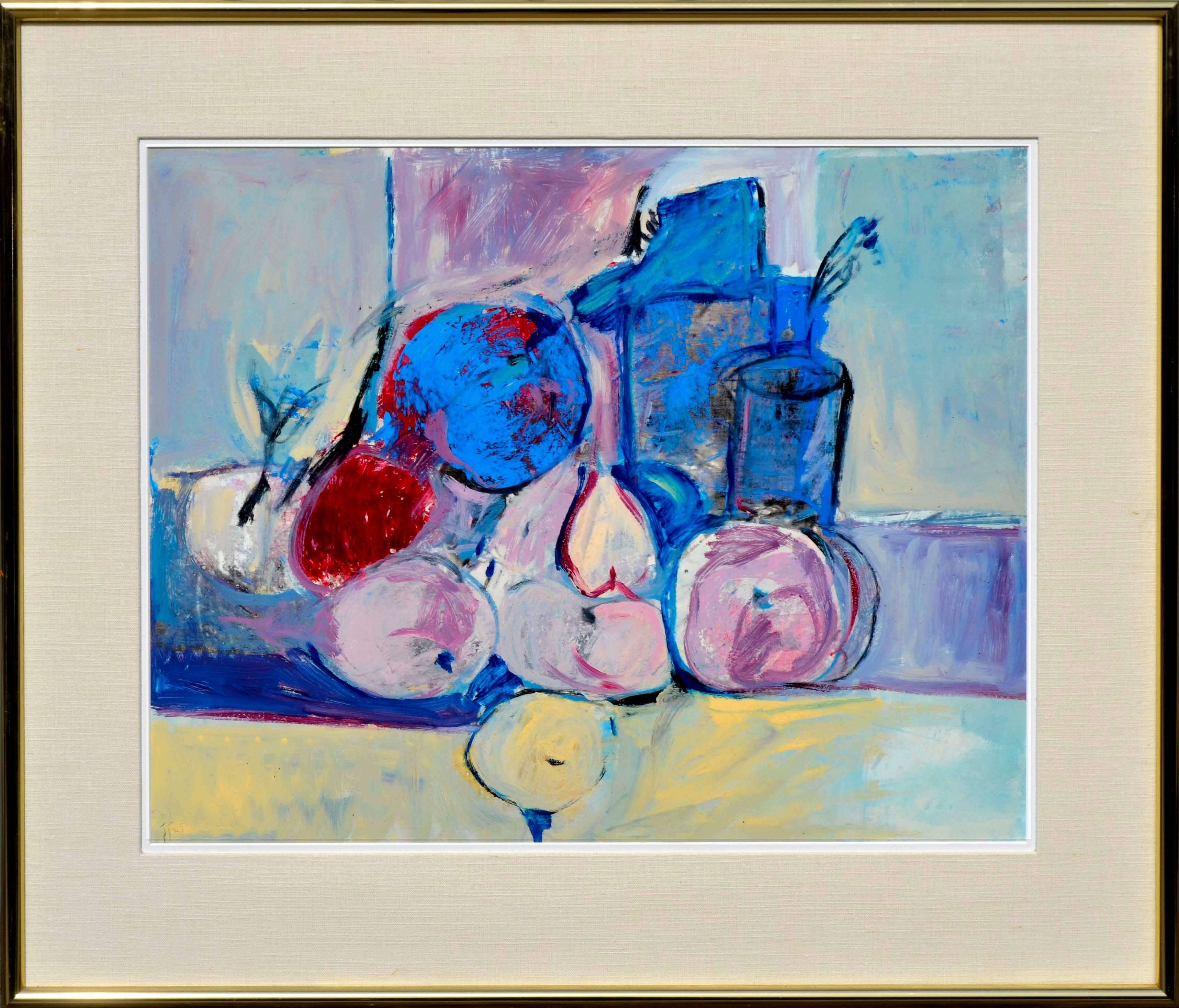 Abstract still life by Virginia Sevier Rogers (American, 1917-2015). Presented in a metal frame and acid free mat and linen over-mat. Signed with monogram; VSR '6 lower left. Framed: 26.5"H x 30"W. Image: 20"H x 23"W. 

Rogers studied with Hugh