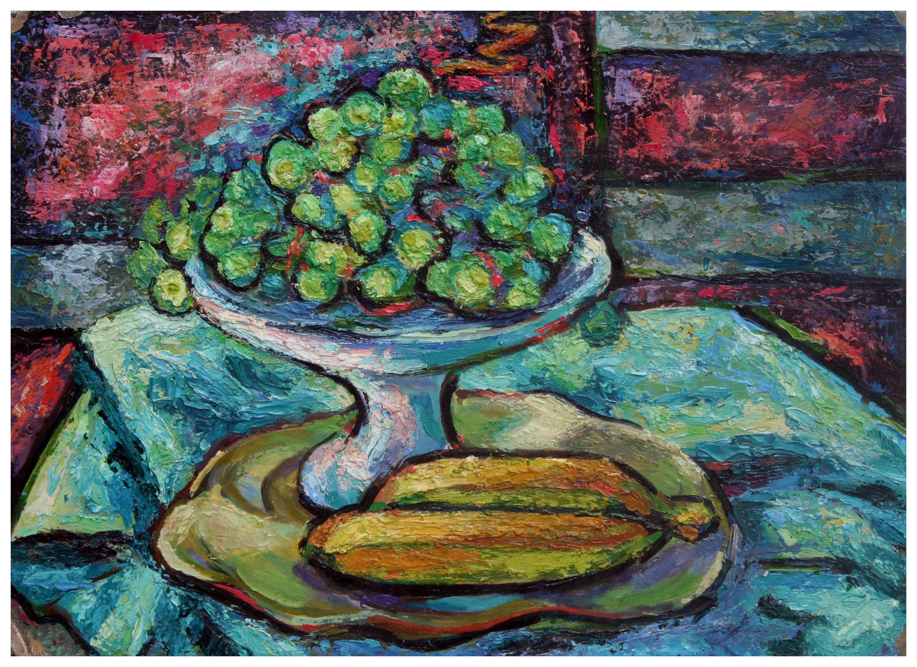 Fauvist Grapes and Bananas, Mid Century Modern Impasto Fruit Still-Life - Painting by Virginia Sevier Rogers