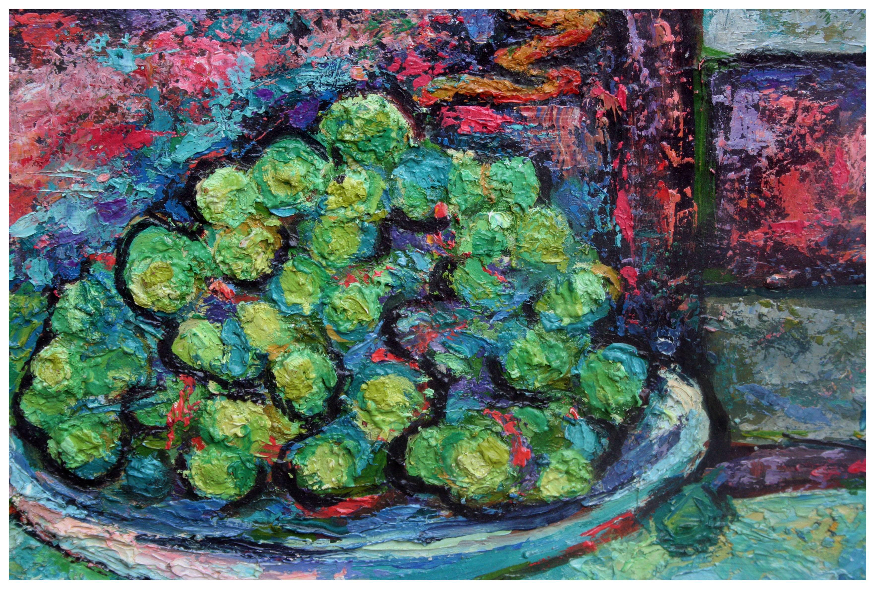 Uvas y plátanos fauvistas, bodegón frutal al impasto moderno de mediados de siglo - Painting Fauvista de Virginia Sevier Rogers