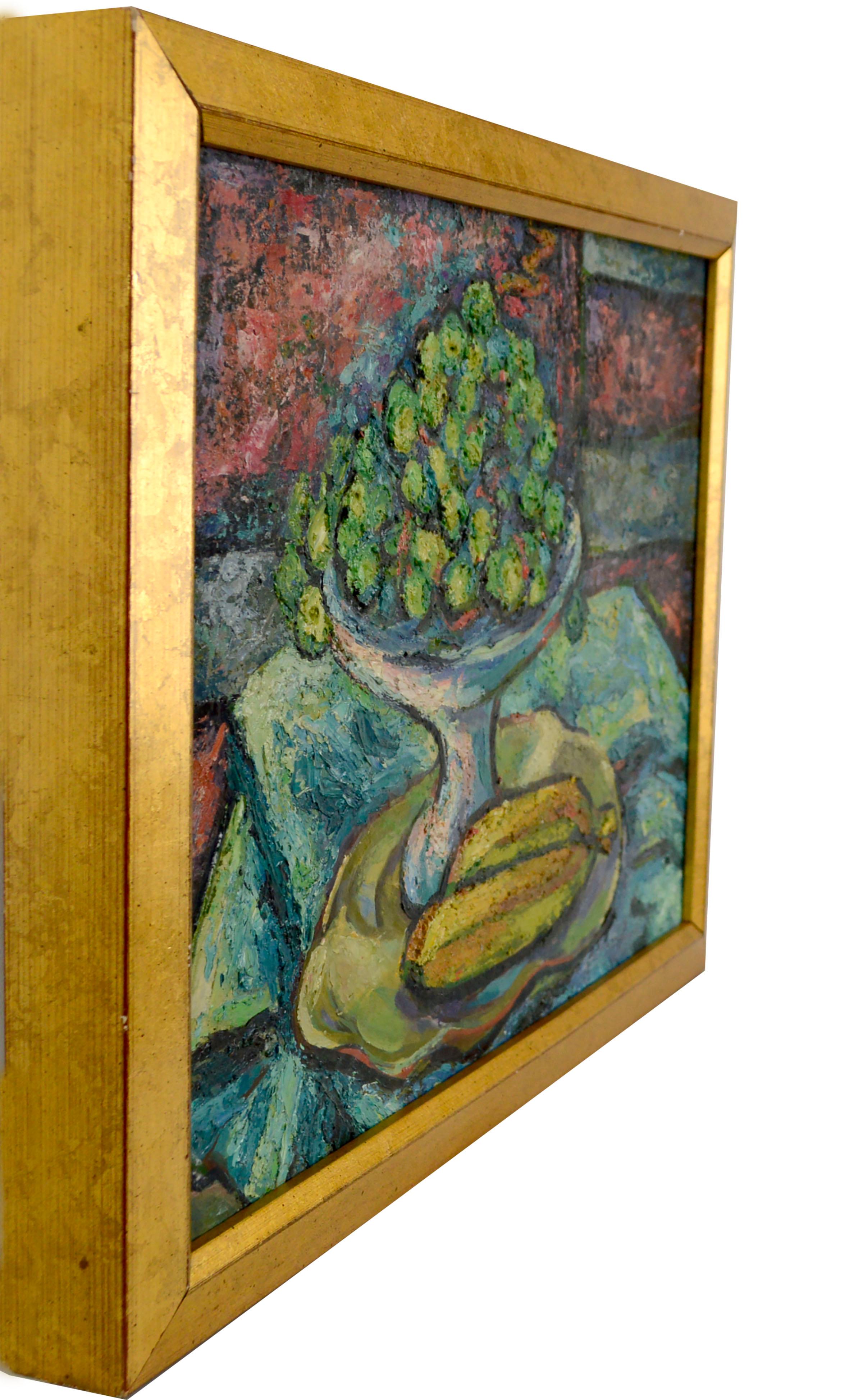 Uvas y plátanos fauvistas, bodegón frutal al impasto moderno de mediados de siglo - Still-Life Painting Gris de Virginia Sevier Rogers