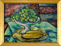 Vintage Fauvist Grapes and Bananas, Mid Century Modern Impasto Fruit Still-Life