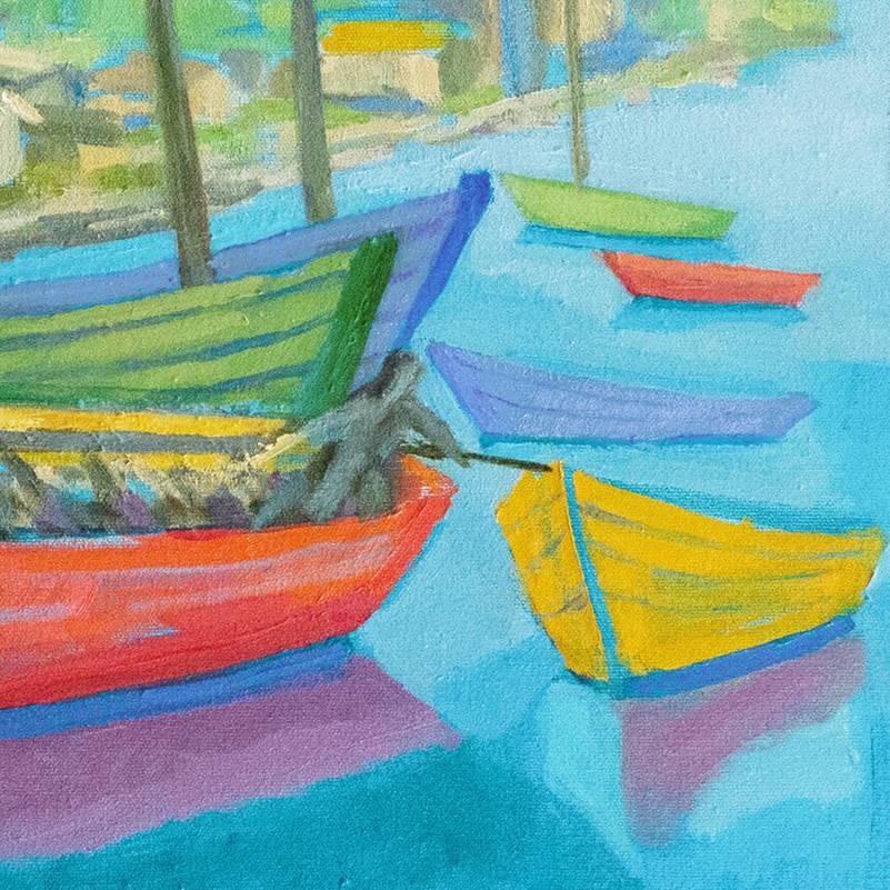 'Gloucester Harbor', artiste post-impressionniste Carmel, Californie, PAFA - Bleu Landscape Painting par Virginia Sevier Rogers