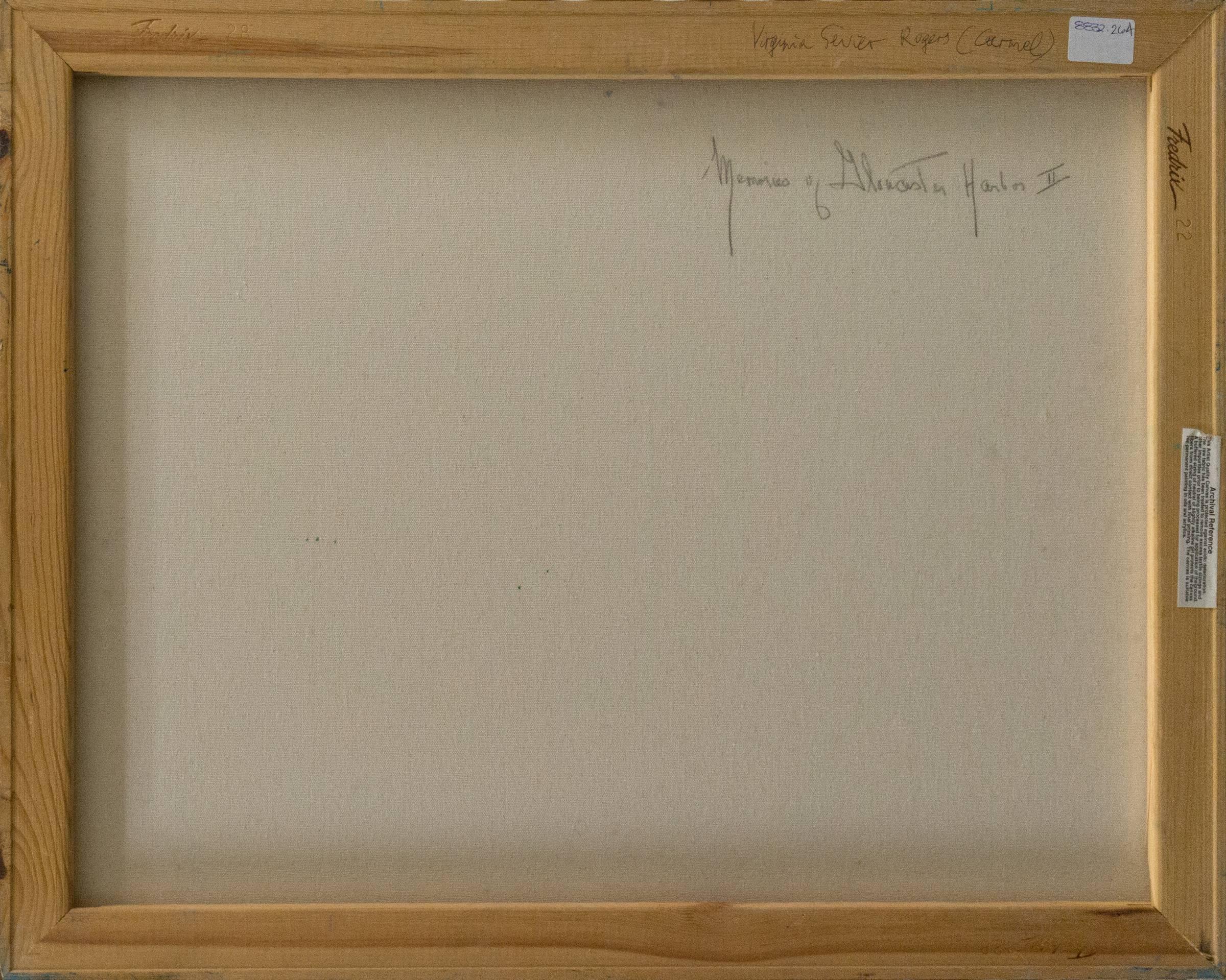 Monogrammed lower left, 'VSR' for Virginia Sevier Rogers (American, 1916-2015) and dated May 1996; additionally signed verso and titled, 'Memories of Gloucester Harbor II'

Substantial Post-Impressionist view of Gloucester Harbor in Massachusetts