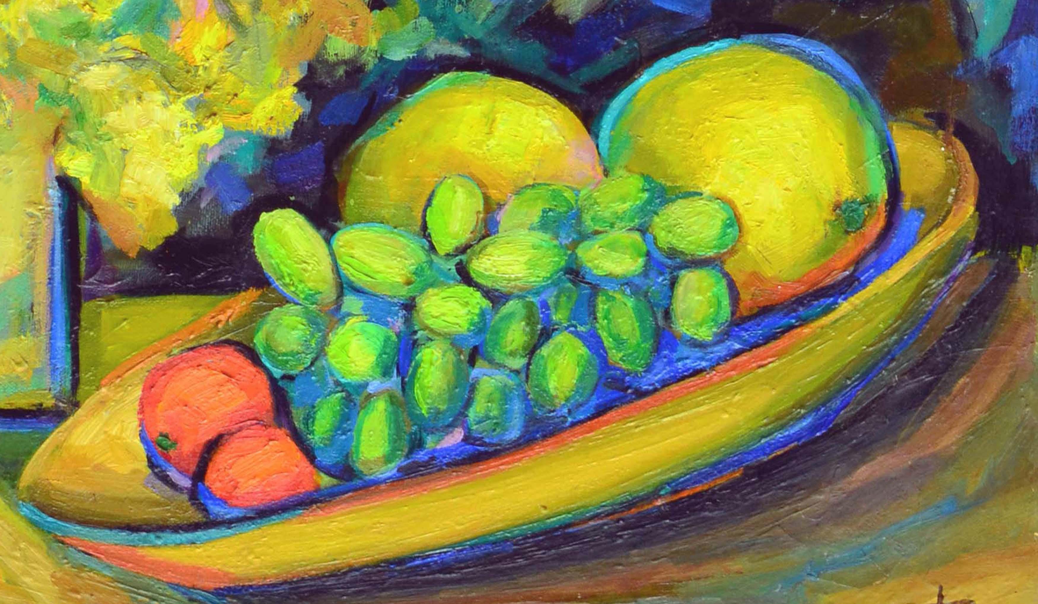 Bodegón fauvista de frutas y flores de mediados de siglo - Still-Life Painting Marrón de Virginia Sevier Rogers
