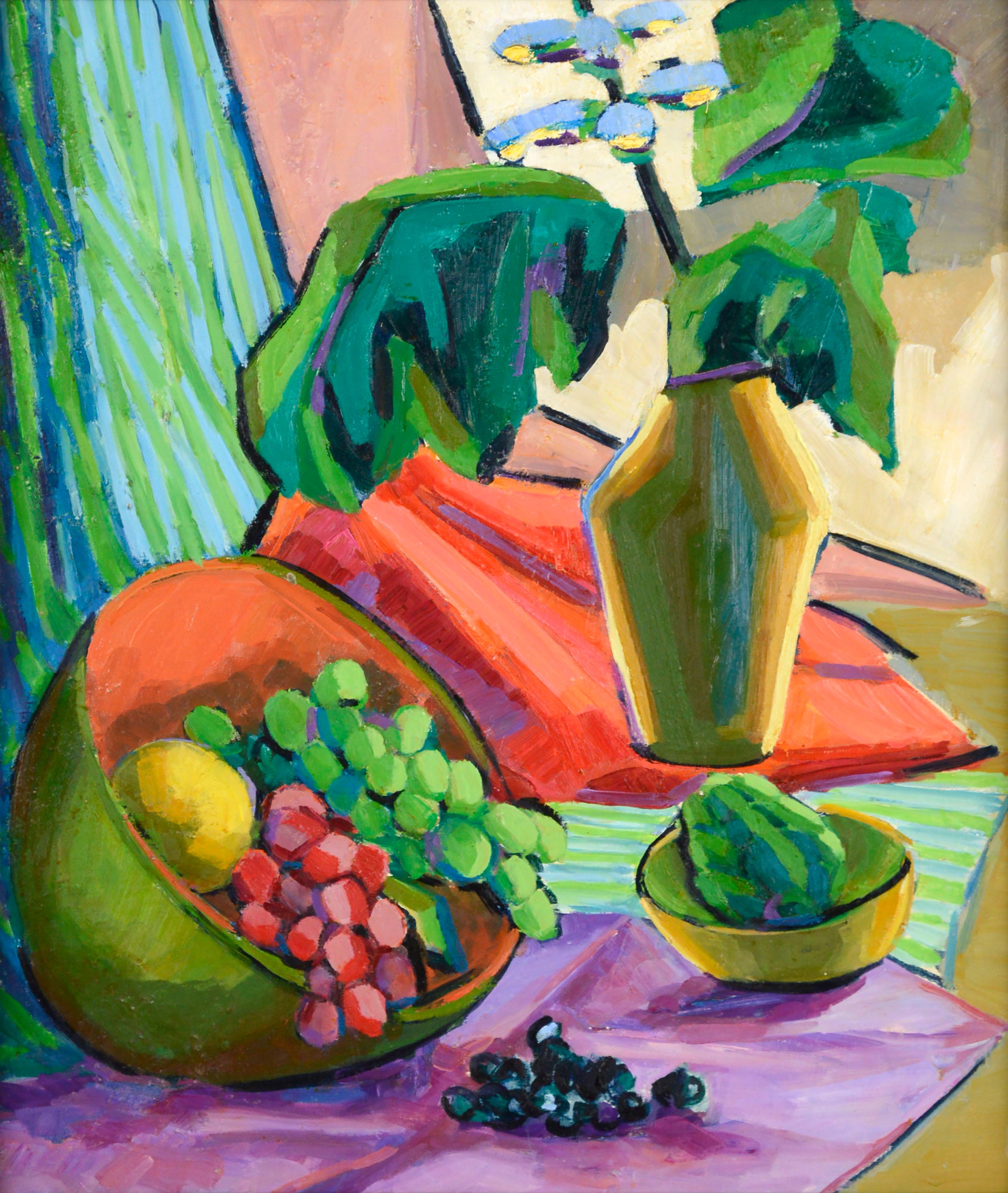 Mid Century Modern Grapes and Flowers Still Life - Painting by Virginia Sevier Rogers